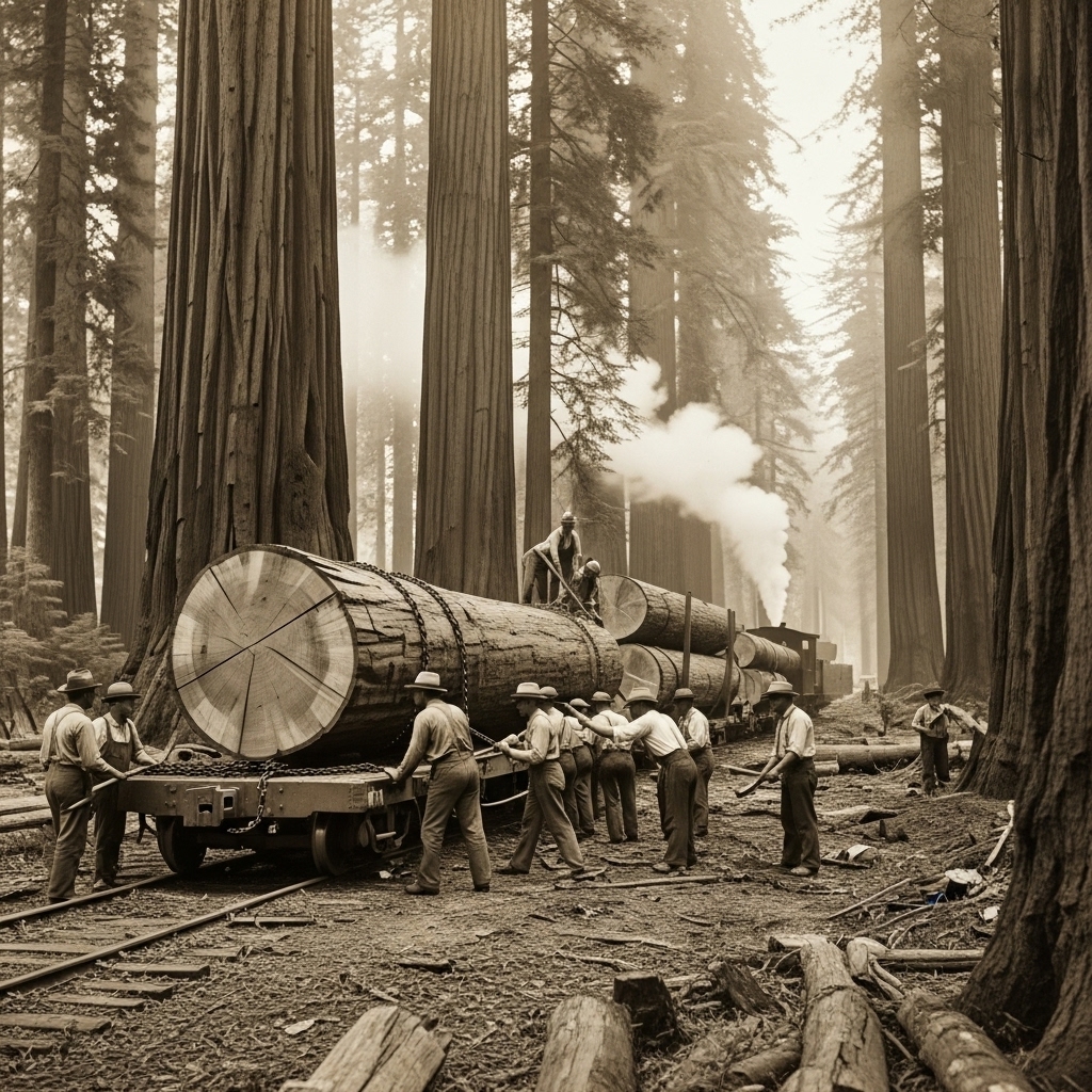 History - "Loggers secure giant redwood logs onto railcars as steam ...