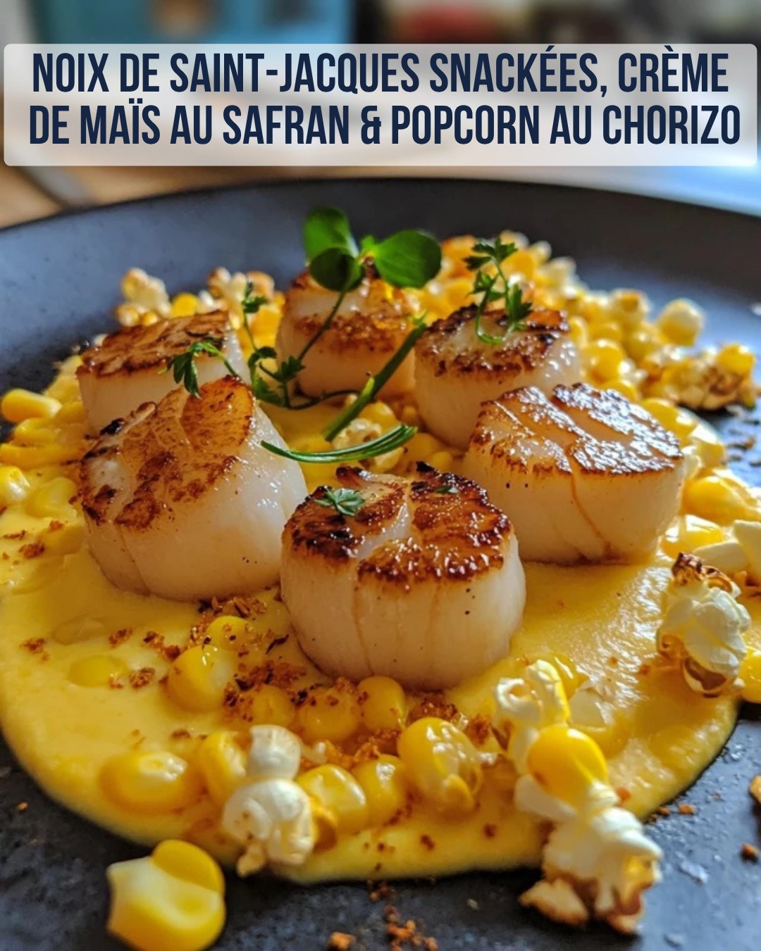 Les - Noix de Saint-Jacques Snackées, Crème de Maïs au Safran & Popcorn ...