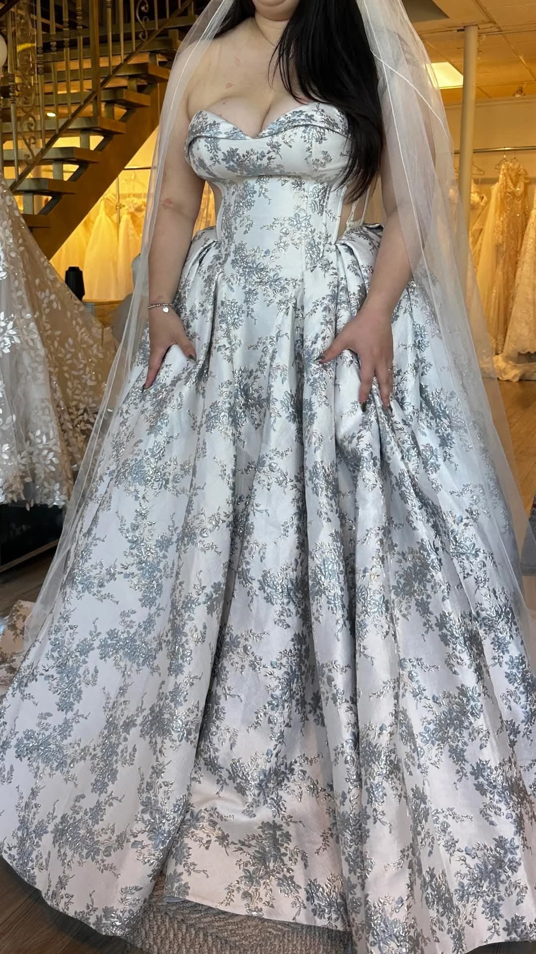 Dream about wearing a white and blue wedding gown