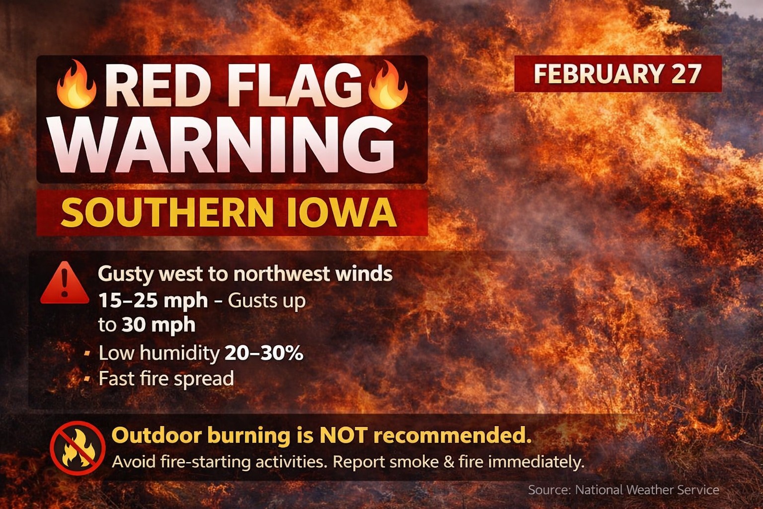 Iowa - 🔥 RED FLAG WARNING – Southern Iowa 🔥 A Red Flag Warning is in ...