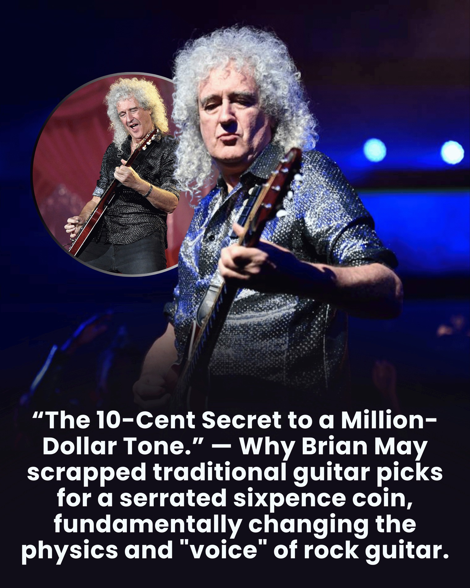 Brian May plays guitar with a pre-1950 British sixpence coin — and