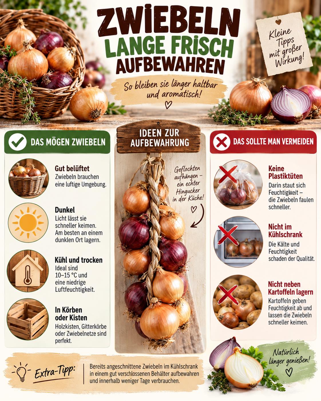 Zwiebeln gehören zu den wichtigsten Grundzutaten in der Küche und lassen sich bei richtiger Lagerung über lange Zeit aufbewahren. Doch gerade bei selbst geernteten oder größeren Vorräten entscheidet d