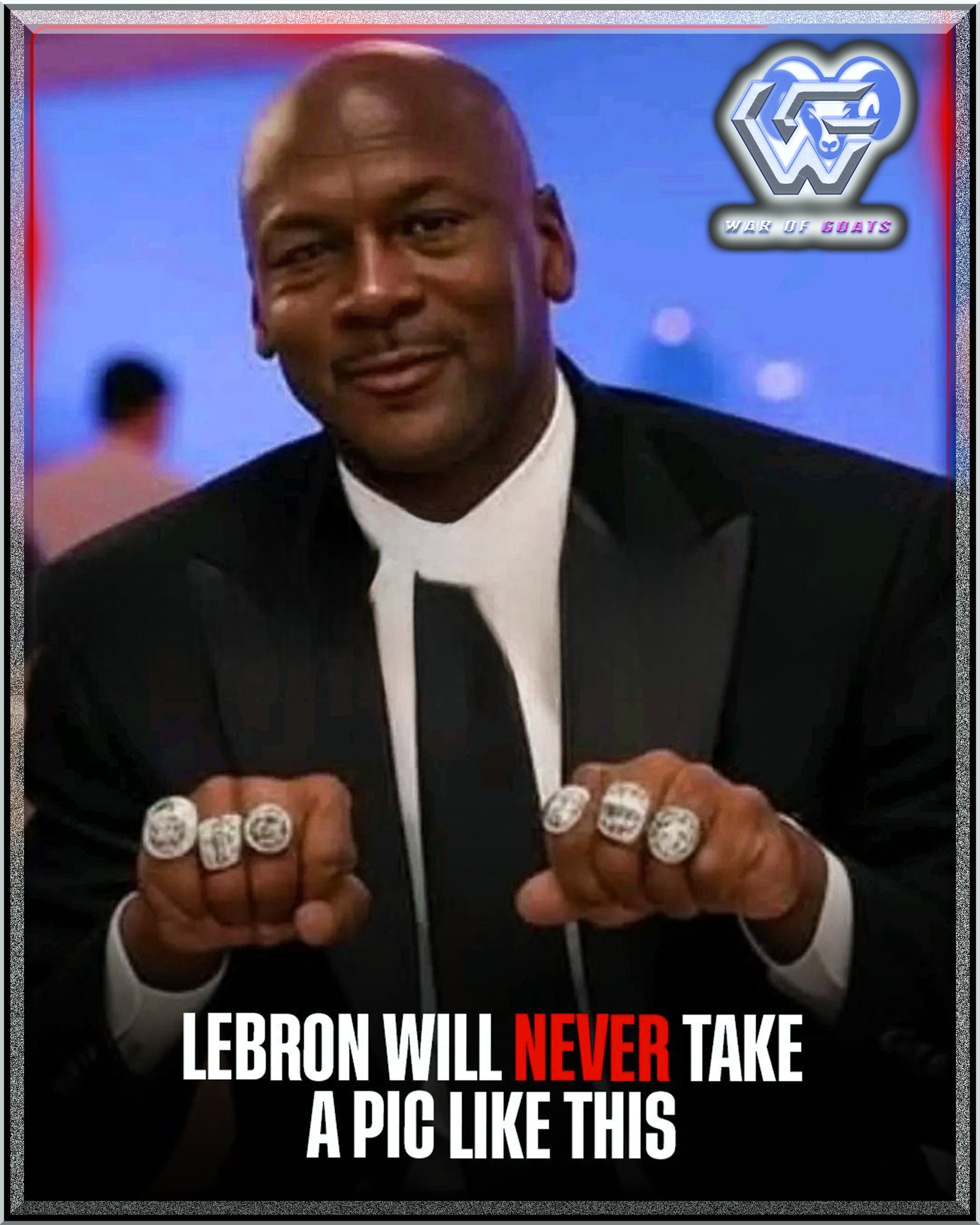 Michael Jordan proudly showcasing his six NBA championship rings 