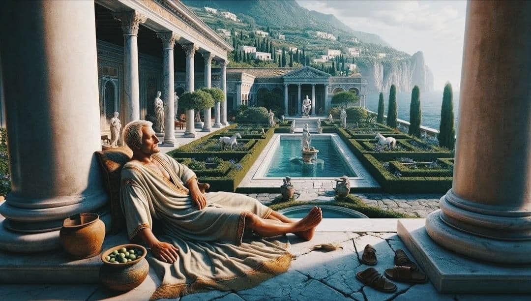 Roman - Emperor Tiberius relaxing in his Villa Jovis, on the island of ...