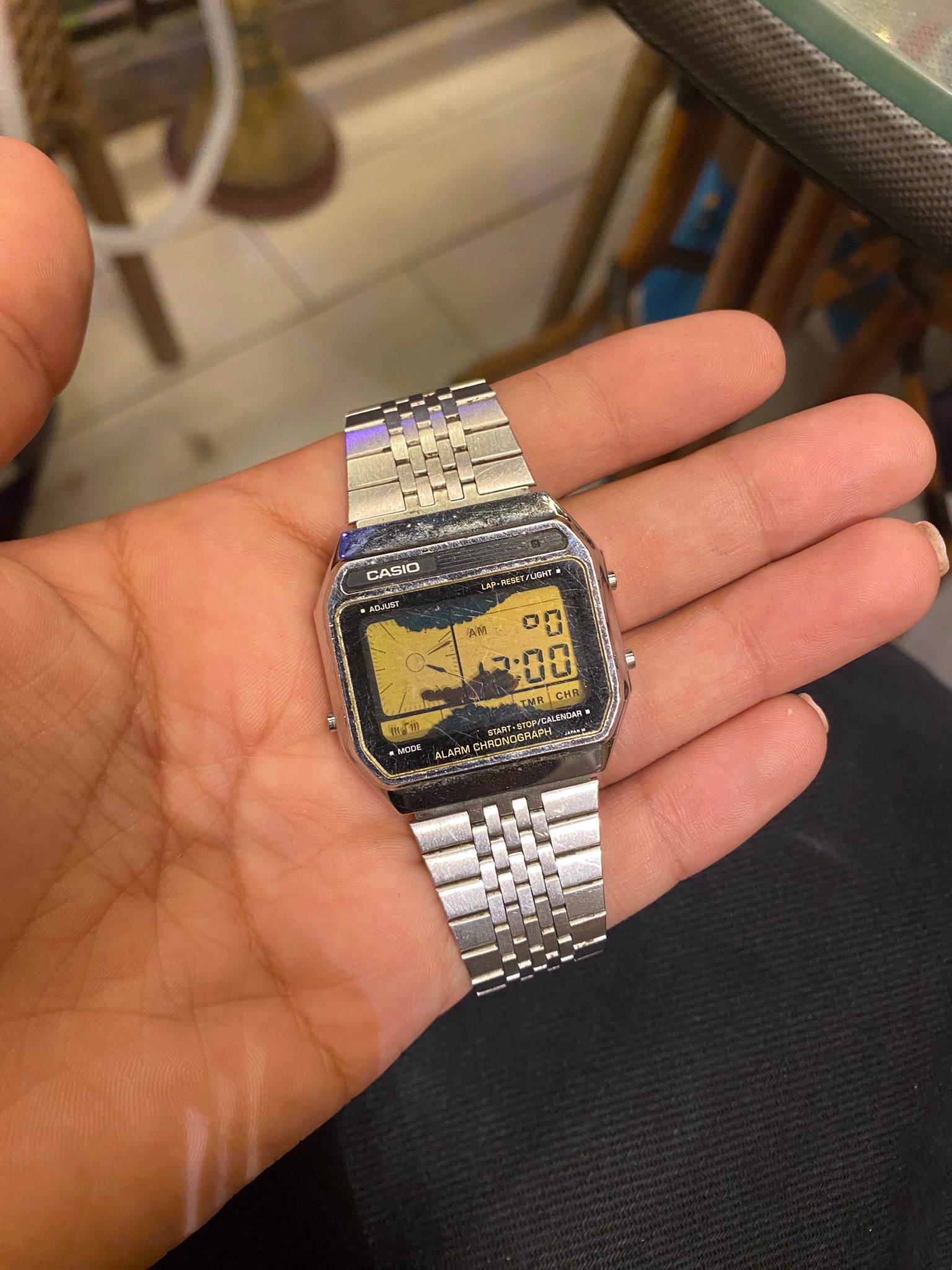Casio AX-210 vintage watch with dual display and stainless steel band