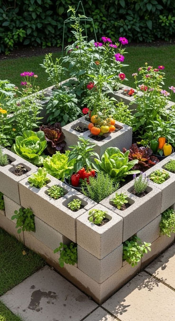 Top - I created a raised garden with concrete blocks. The blocks are ...