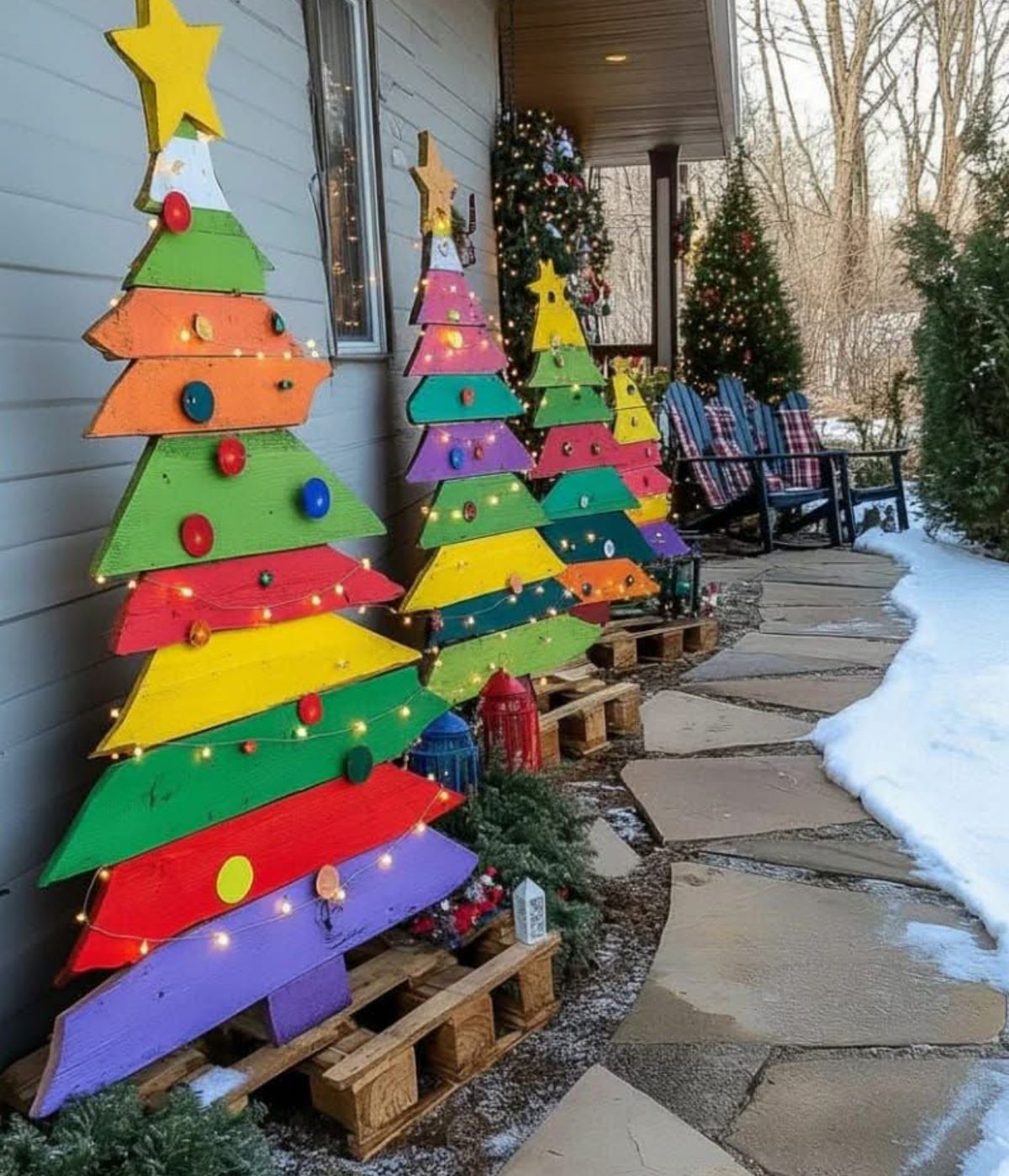 Garden - Recycled Christmas trees made from old pallets, painted in ...