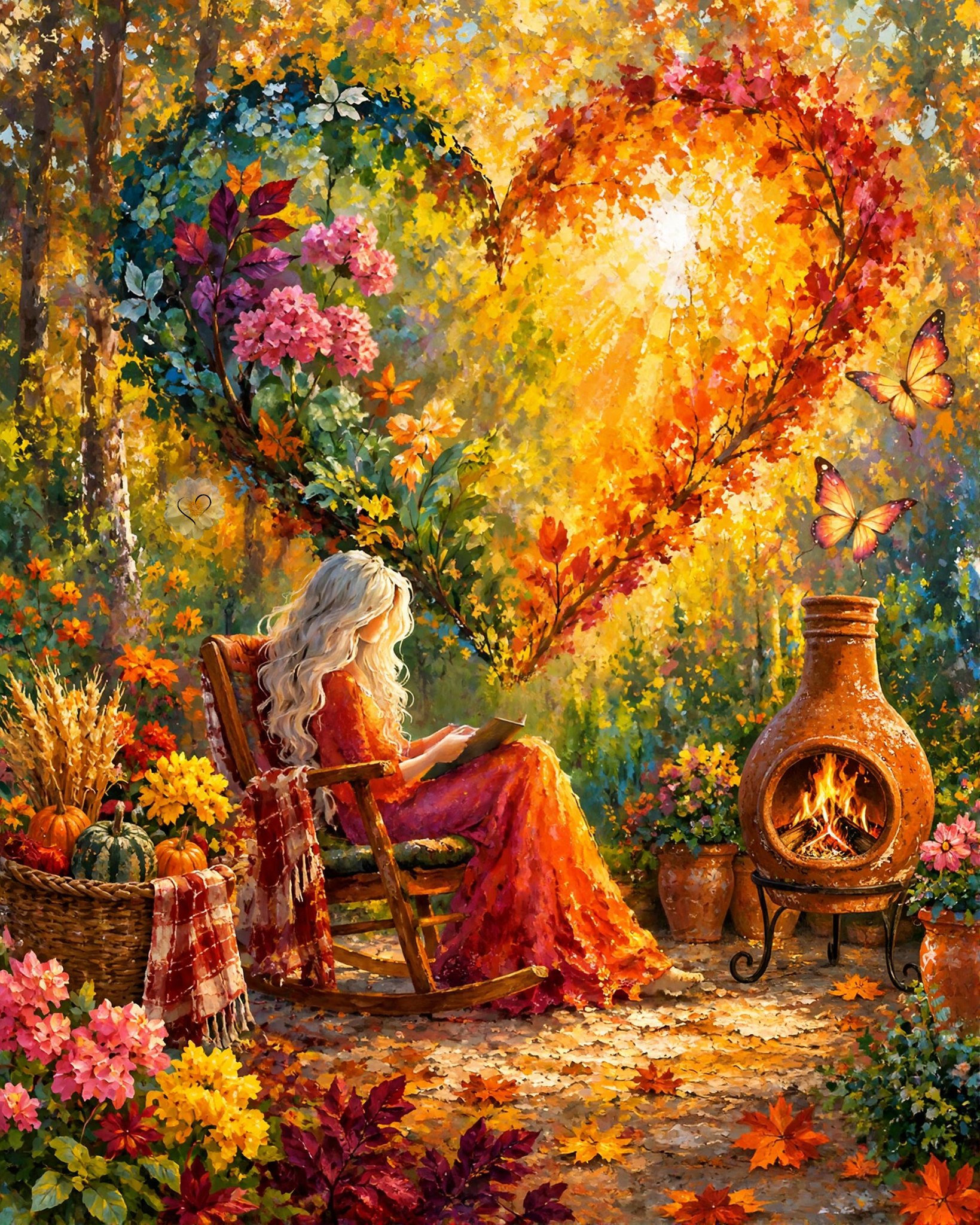 Woman reading by chiminea in autumn forest painting