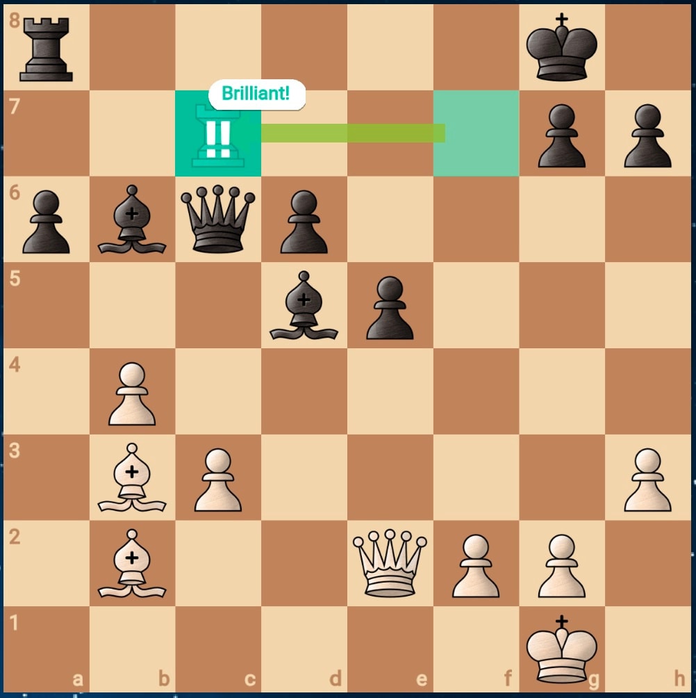 Chessfever1 - Rc7+ (Rook takes on c7 with check). This is the initial ...