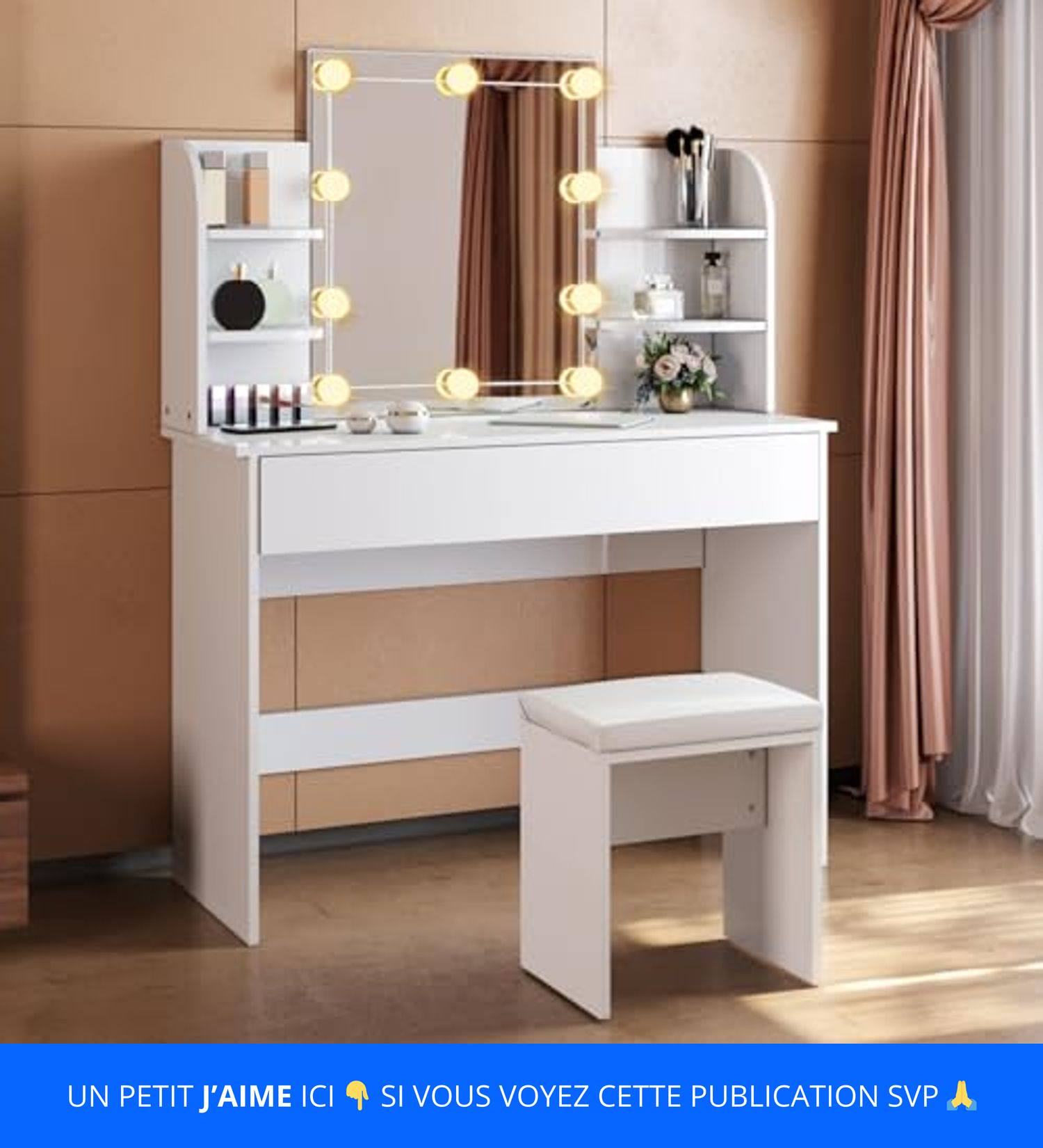 YITAHOME Coiffeuse avec miroir et éclairage LED, tabouret, tiroirs et port USB, compartiments réglables, coiffeuse moderne pour chambre à coucher et maquillage, support pour sèche-cheveux, blanche