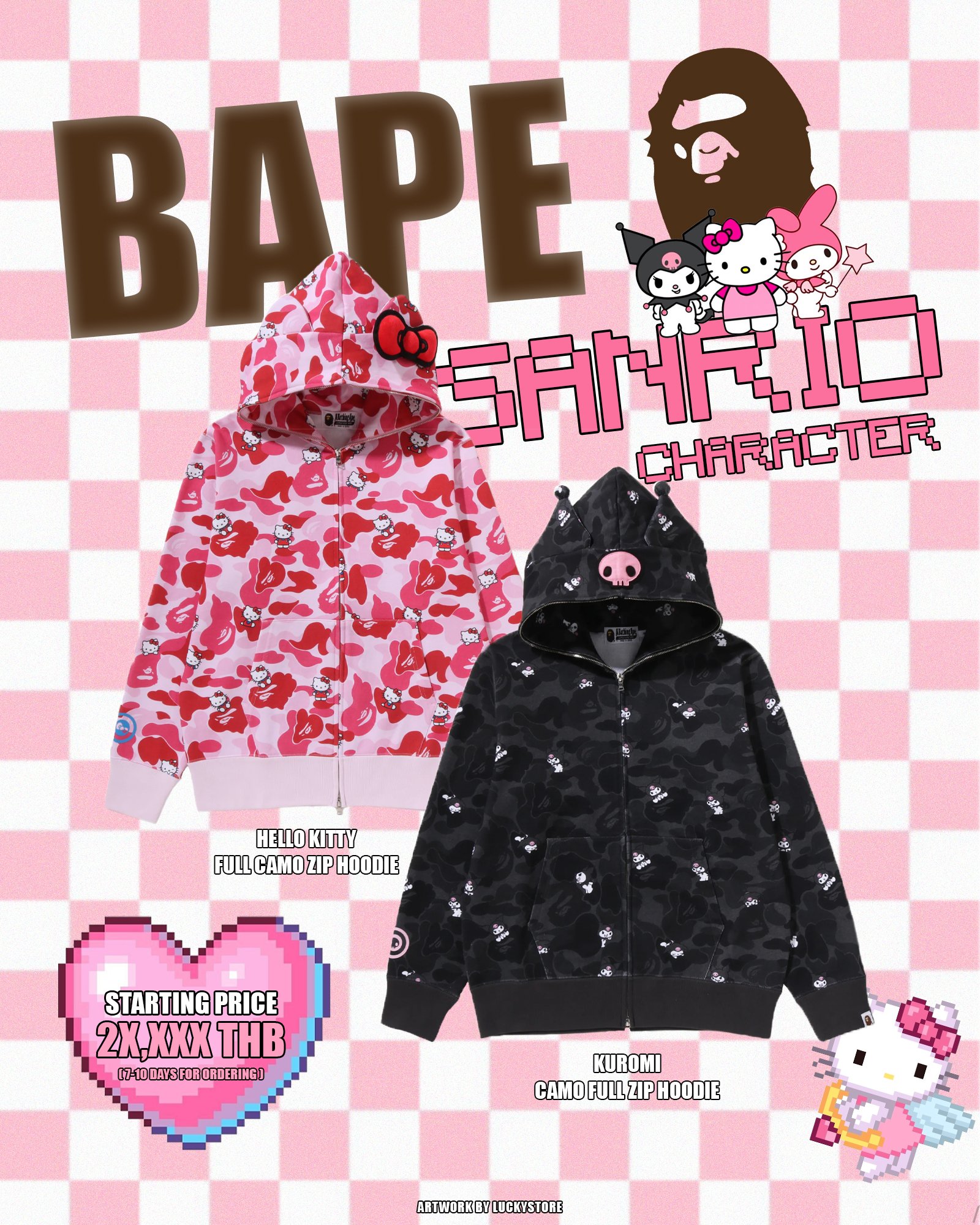 BAPE x Sanrio Full Camo Zip Hoodie Available For Ordering Now 
