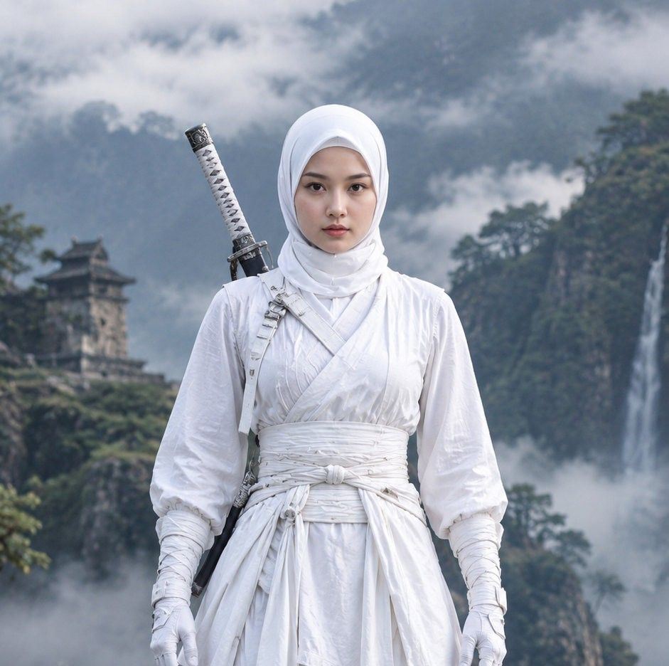 At sunset on the ancient rooftops, she rose. White hijab, white armor ...
