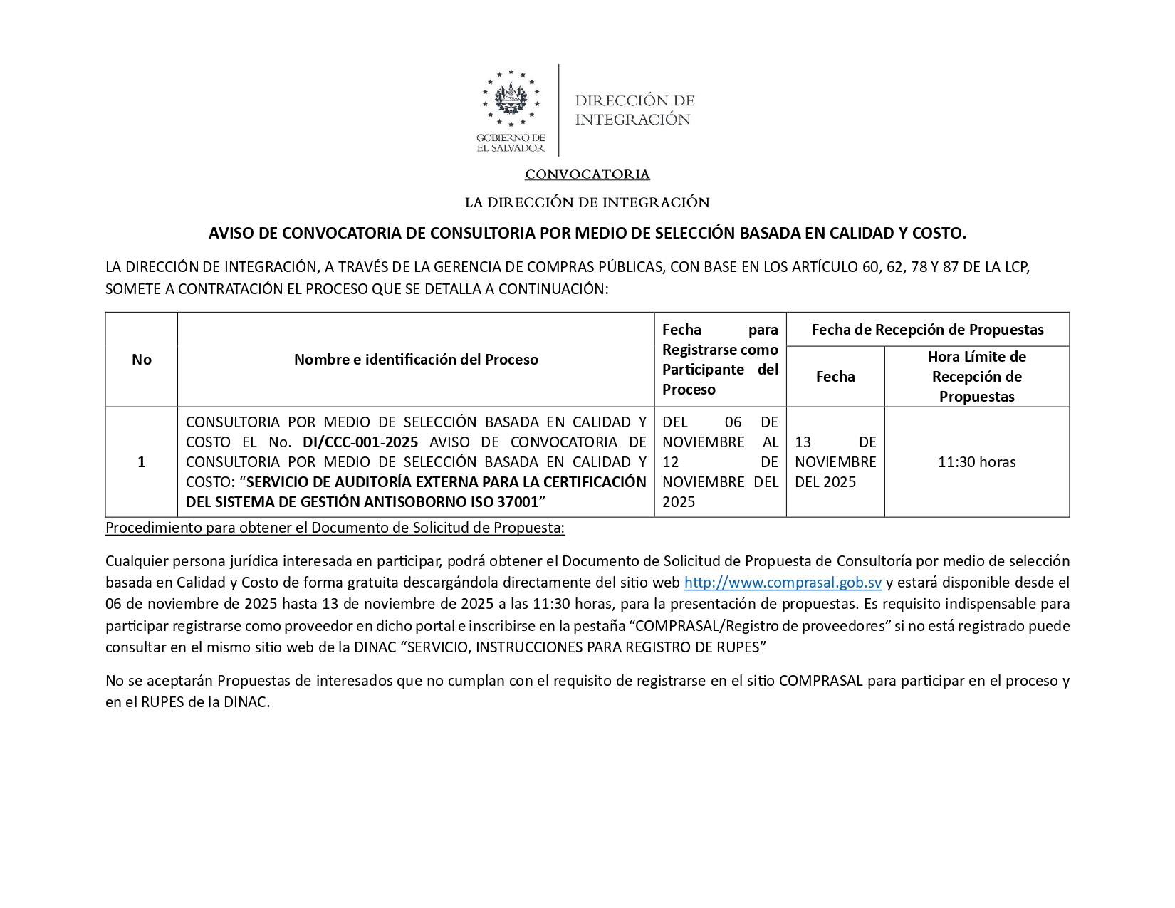 Dirección - 📢 AVISO DE CONVOCATORIA La Dirección de Integración informa ...