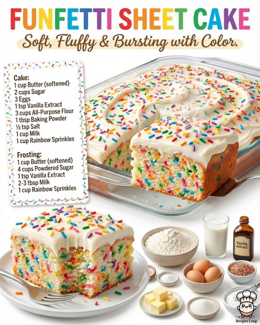 Recipesloop - 🎂 Funfetti Sheet Cake Soft, Fluffy &... | Facebook