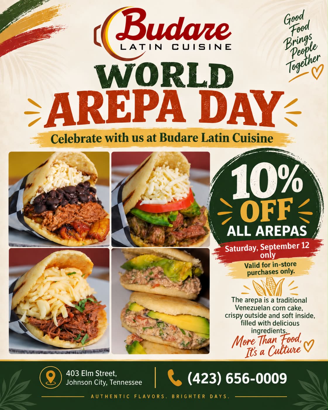 Celebrate World Arepa Day at Budare Latin Cuisine in Johnson City, TN