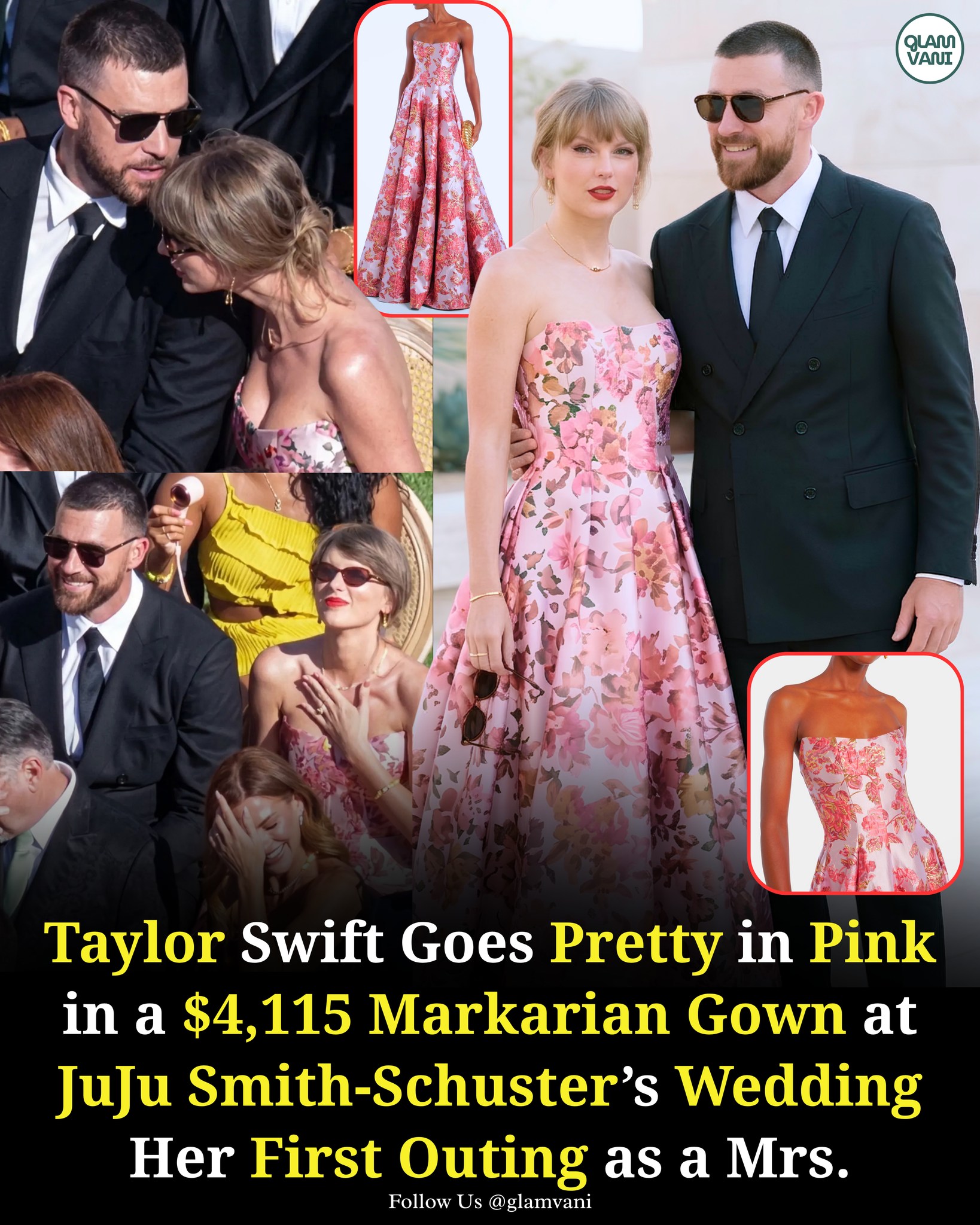 taylor swift pink and gold dress made her first public appearance as a married woman in a stunning strapless brocade gown by Markarian. The $4,115 featured a floral print a full ballgown taylor swift yellow dress debut