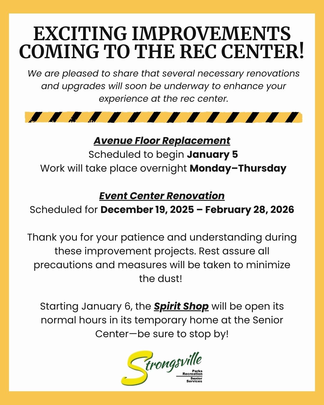 Strongsville - 🚧 Reminder: Upcoming Improvements at the Rec Center! 🚧 ...