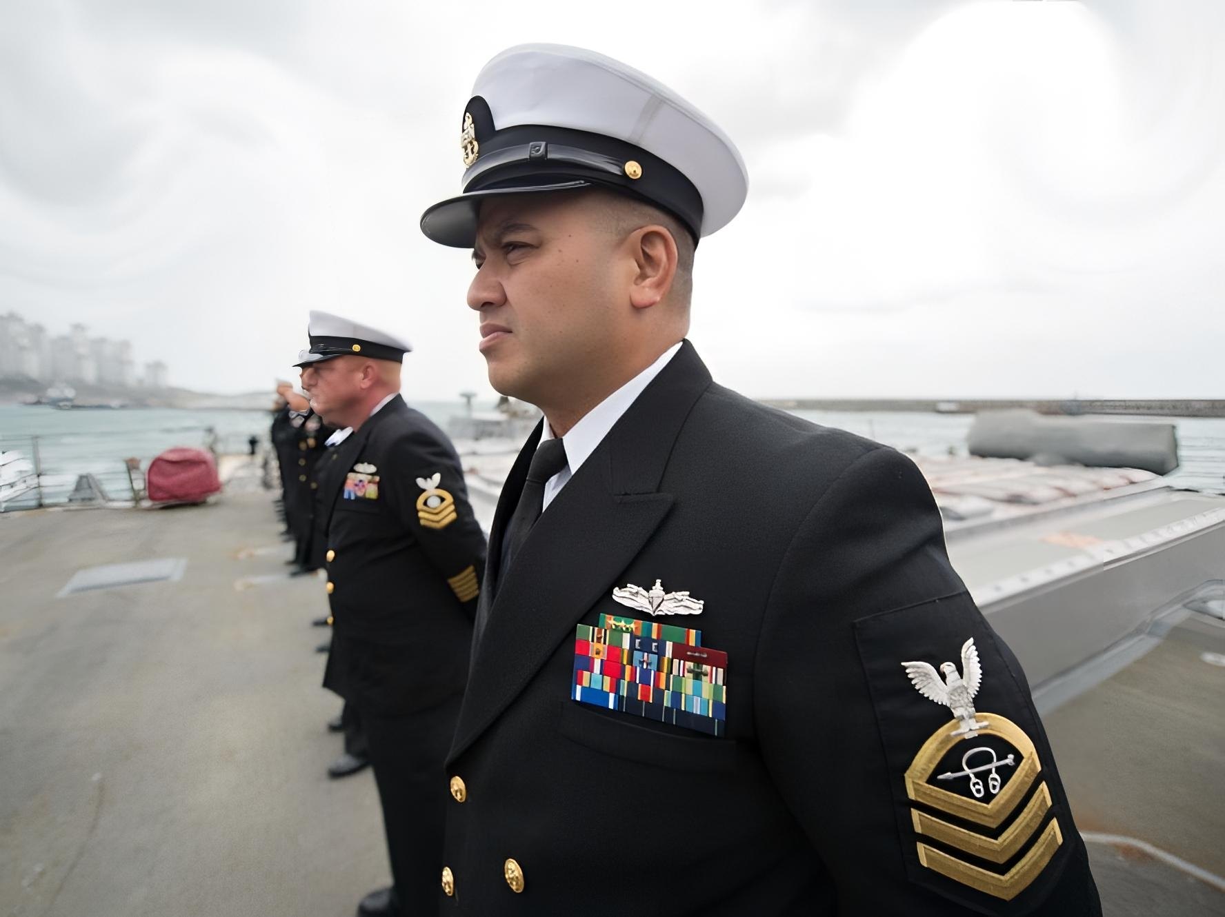 Go - Go Navy 🇺🇲⚓. Chief Petty Officer Ritchie L. Resano mans the rails ...