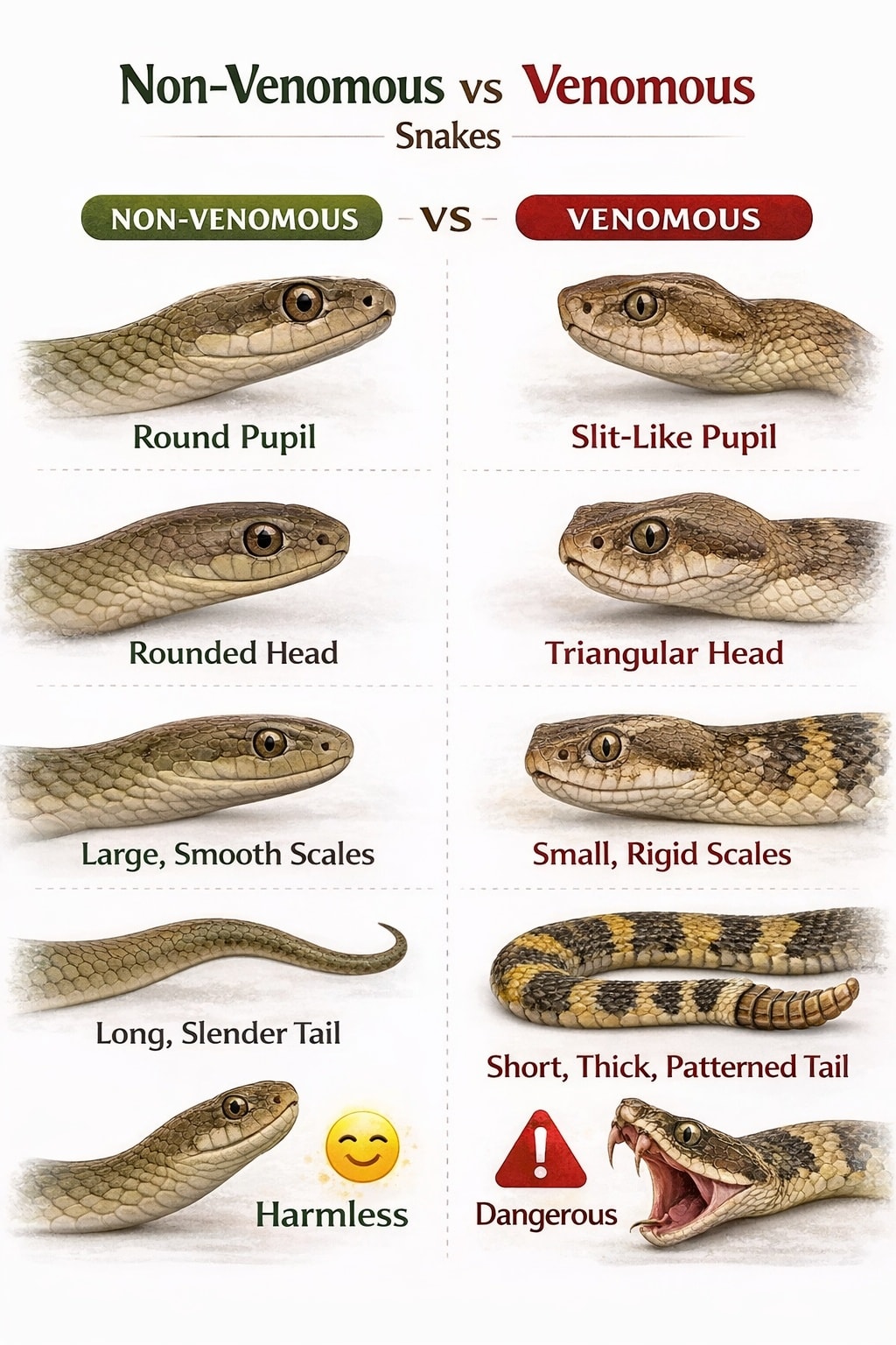 GardenGuru - 🐍 Non-Venomous vs Venomous Snakes 🐍 1️⃣ Pupil shape Non ...