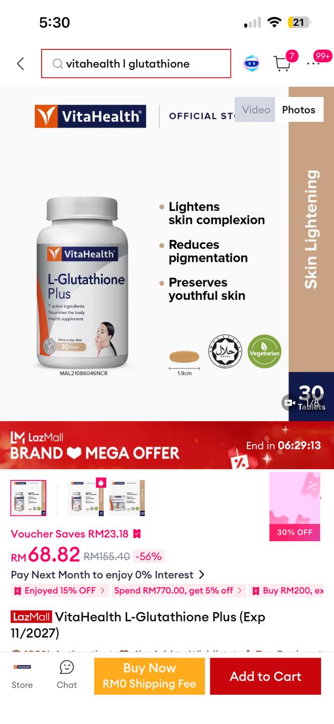 27Feb2026 #Lazada #分享帖#VitaHealth VitaHealth L-Glutathione Plus 美白丸30s 买3，平均1罐只需RM34.40‼️ ✓ 买3扣15% ✓ 关注店铺领15%折扣券✓ 平台18% 折扣券⚠️ LazCoins -RM55.20 🔗 https://s.lazada.com.my/s.D3gN0?cc&t=p-irqkkh-sHkcifS