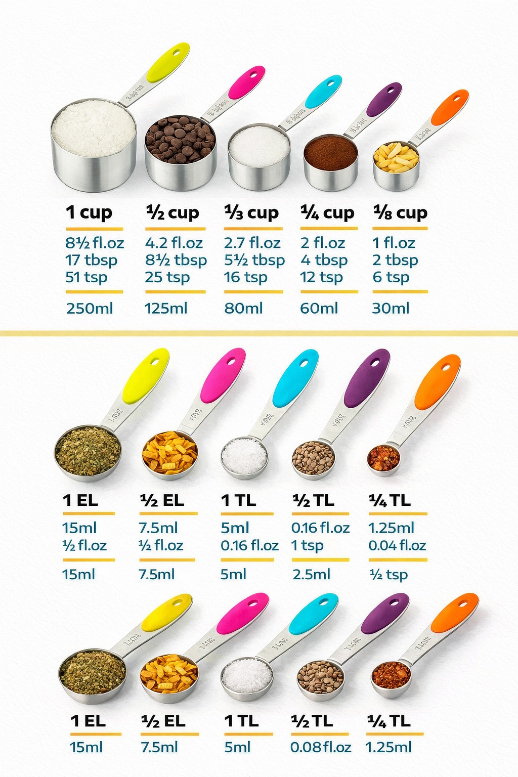 🥄 Küchenmaße einfach umrechnen 🥄 Beim Backen und Kochen ist Genauigkeit entscheidend. Besonders bei internationalen Rezepten werden häufig „Cups“, Esslöffel oder Teelöffel verwendet. Eine klare Umrec