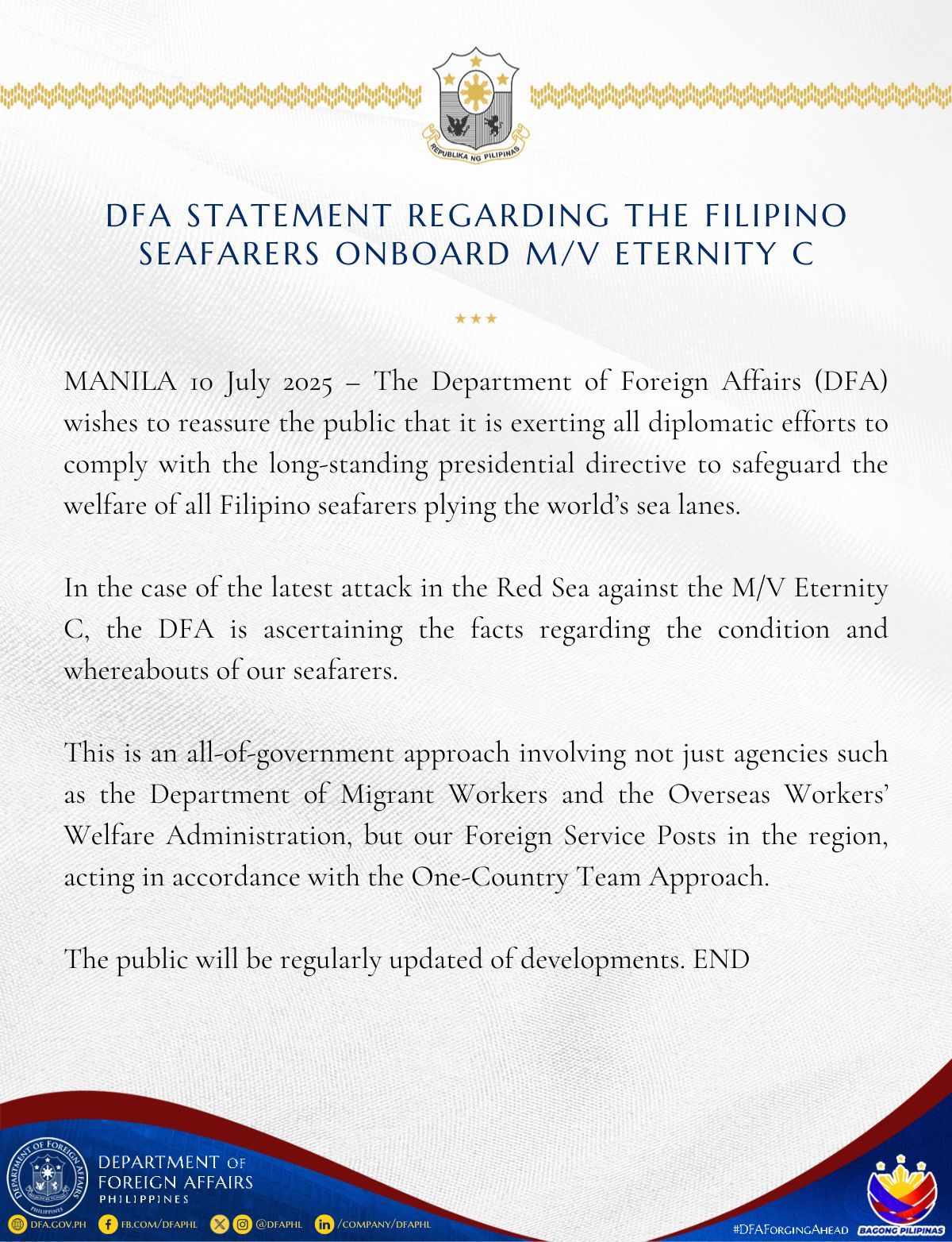 Aksyon - READ: STATEMENT SANG DFA NATUHOY SA FILIPINO SEAFARERS NGA ...
