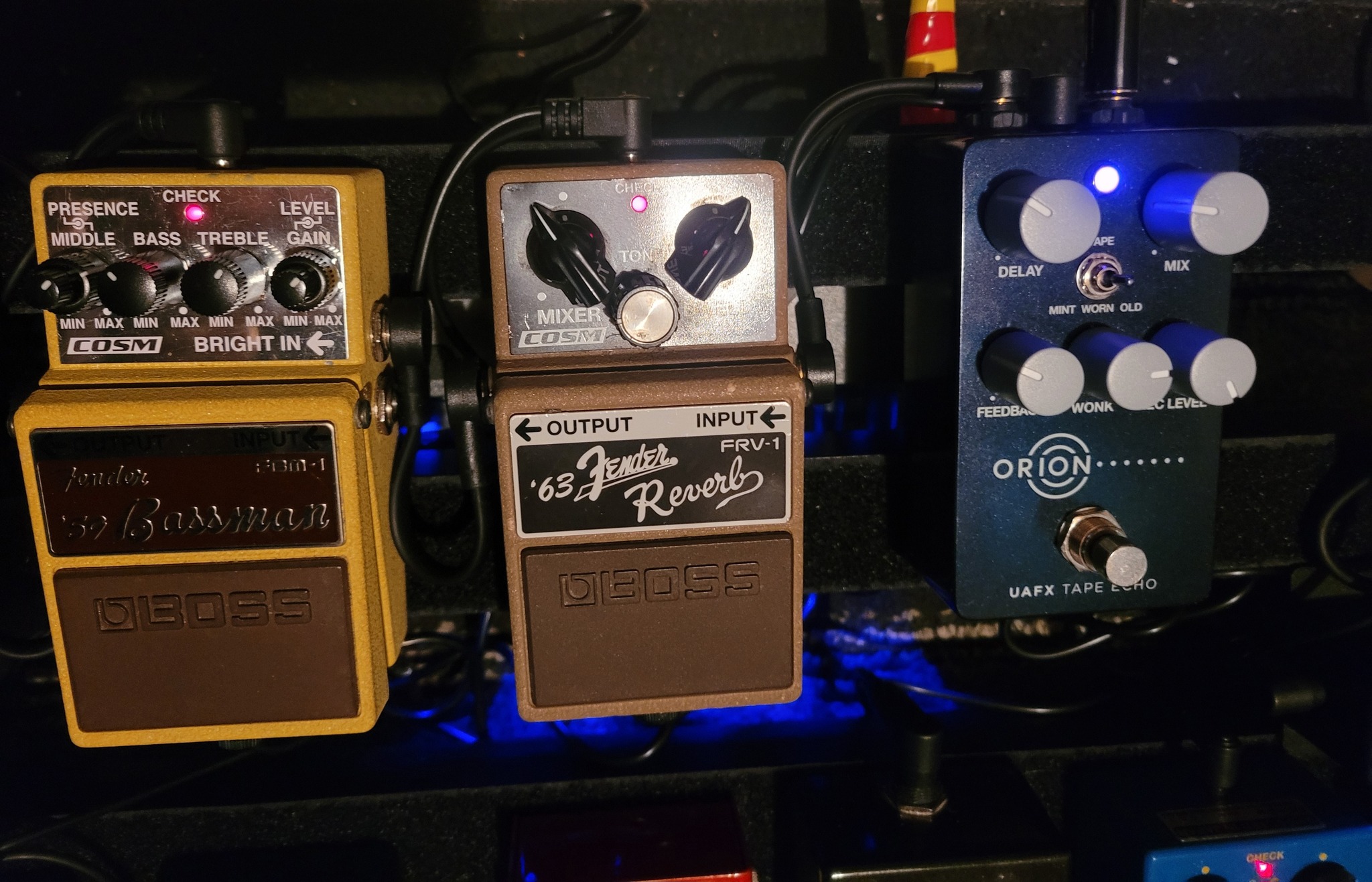 Lovepedal 60's reverb and Echoplexi pedals on shoegaze board