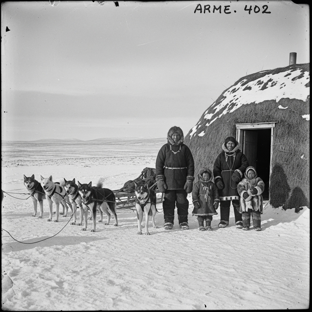 An Inuk toddler in full furs holding onto a sled, taken likely in