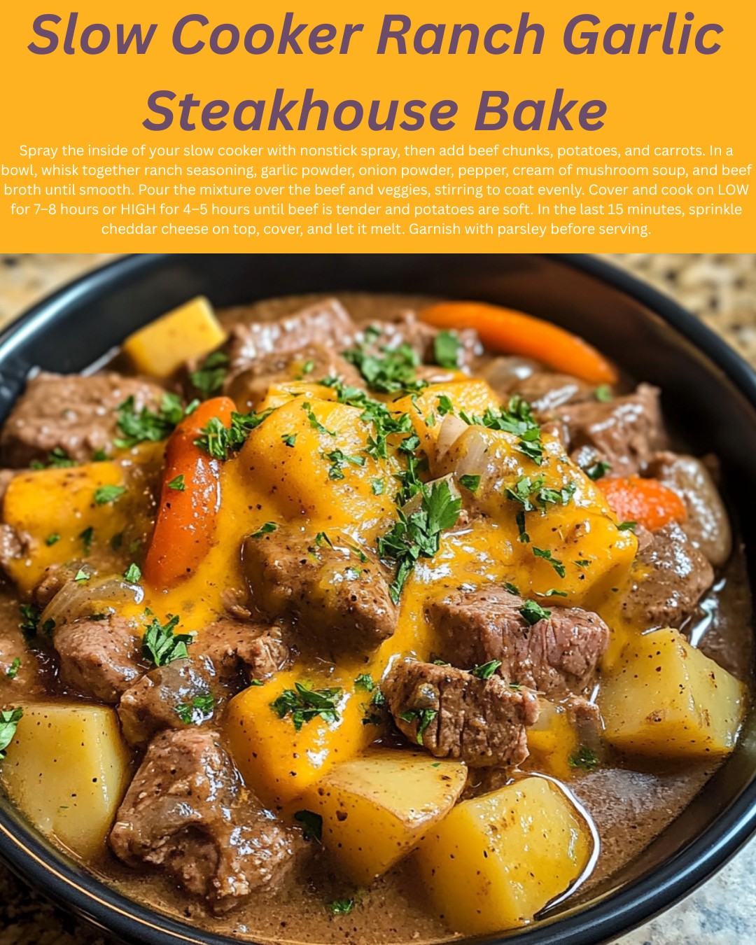 Code - 🥩🧄 Slow Cooker Ranch Garlic Steakhouse Bake 🥔🧀 **Ingredients ...