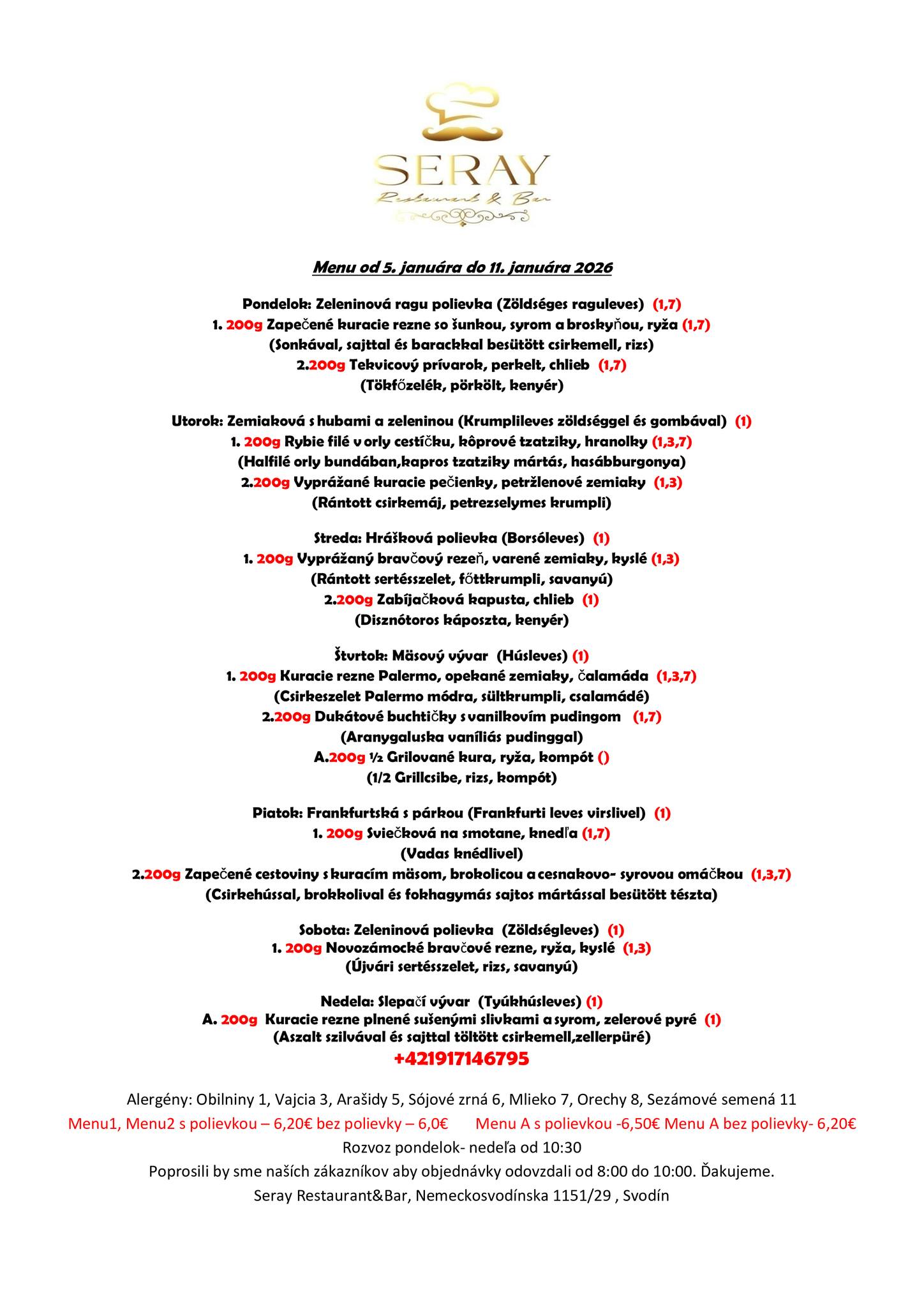 Menu od 5. januára do 11. januára... - Seray restaurant & bar | Facebook