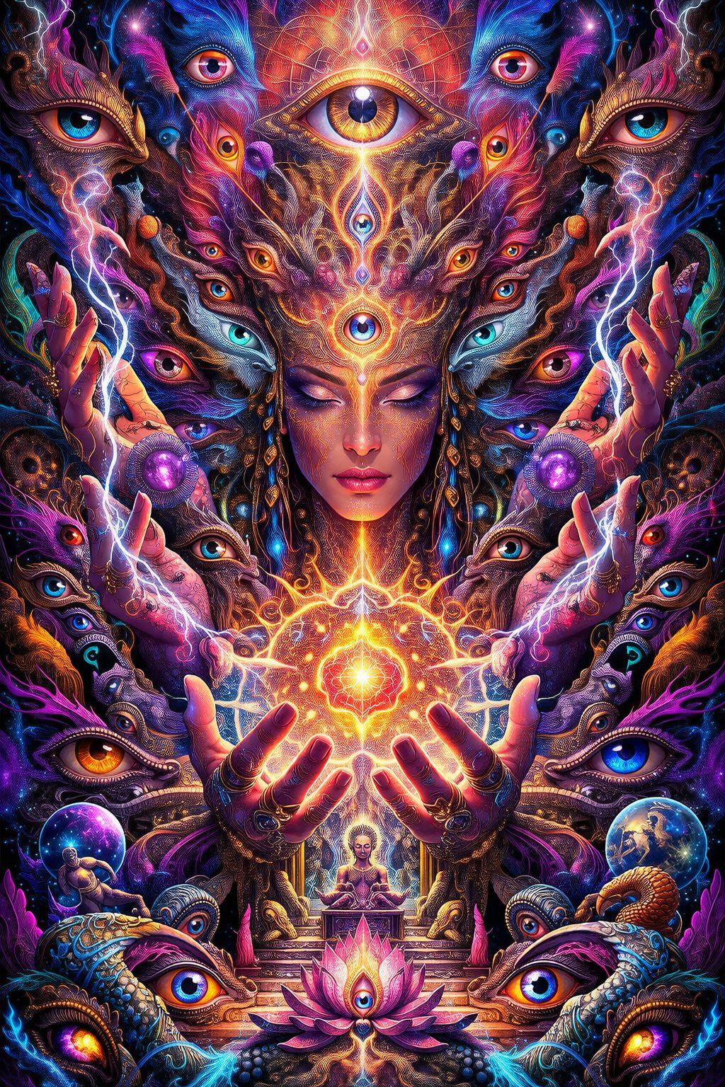 Fractal ophanim in darkened starry night, 3D visualization of