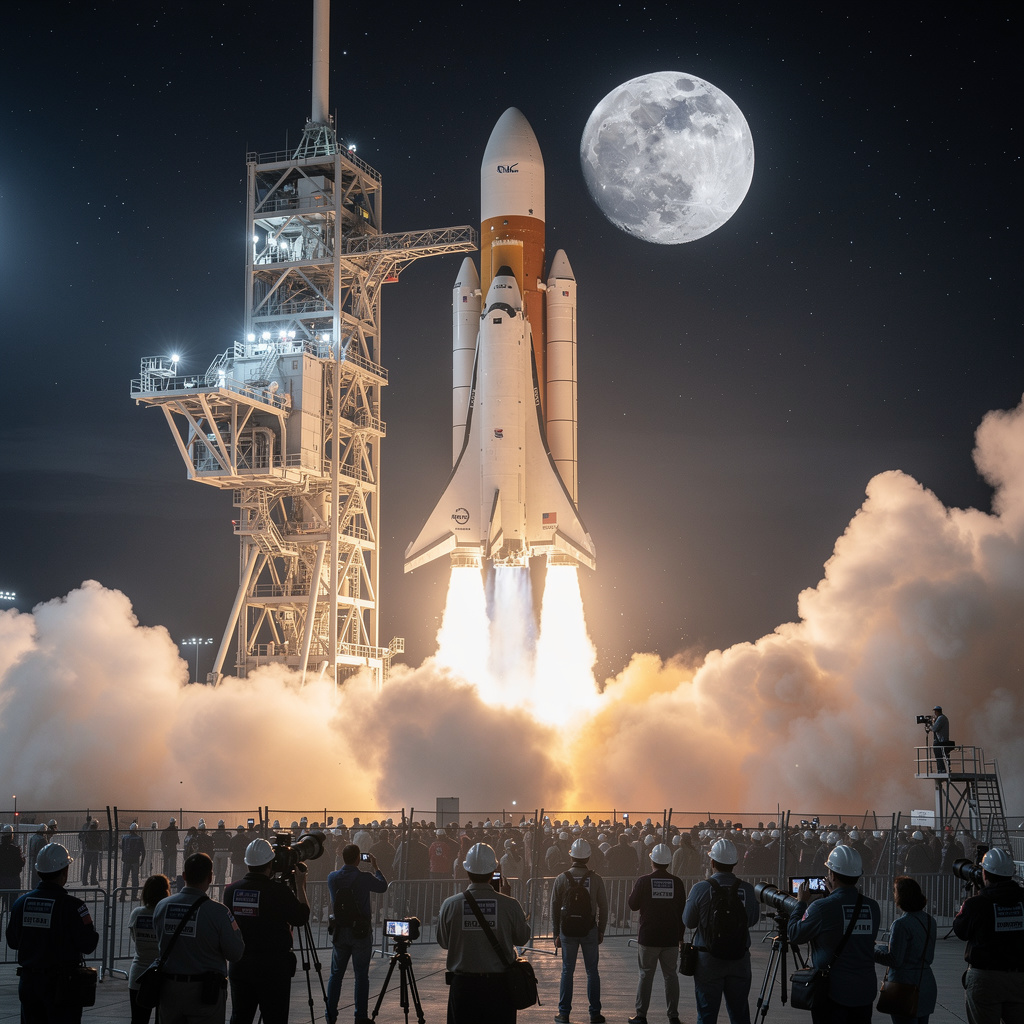 Space - A modern lunar rocket rises into the night as the full Moon ...