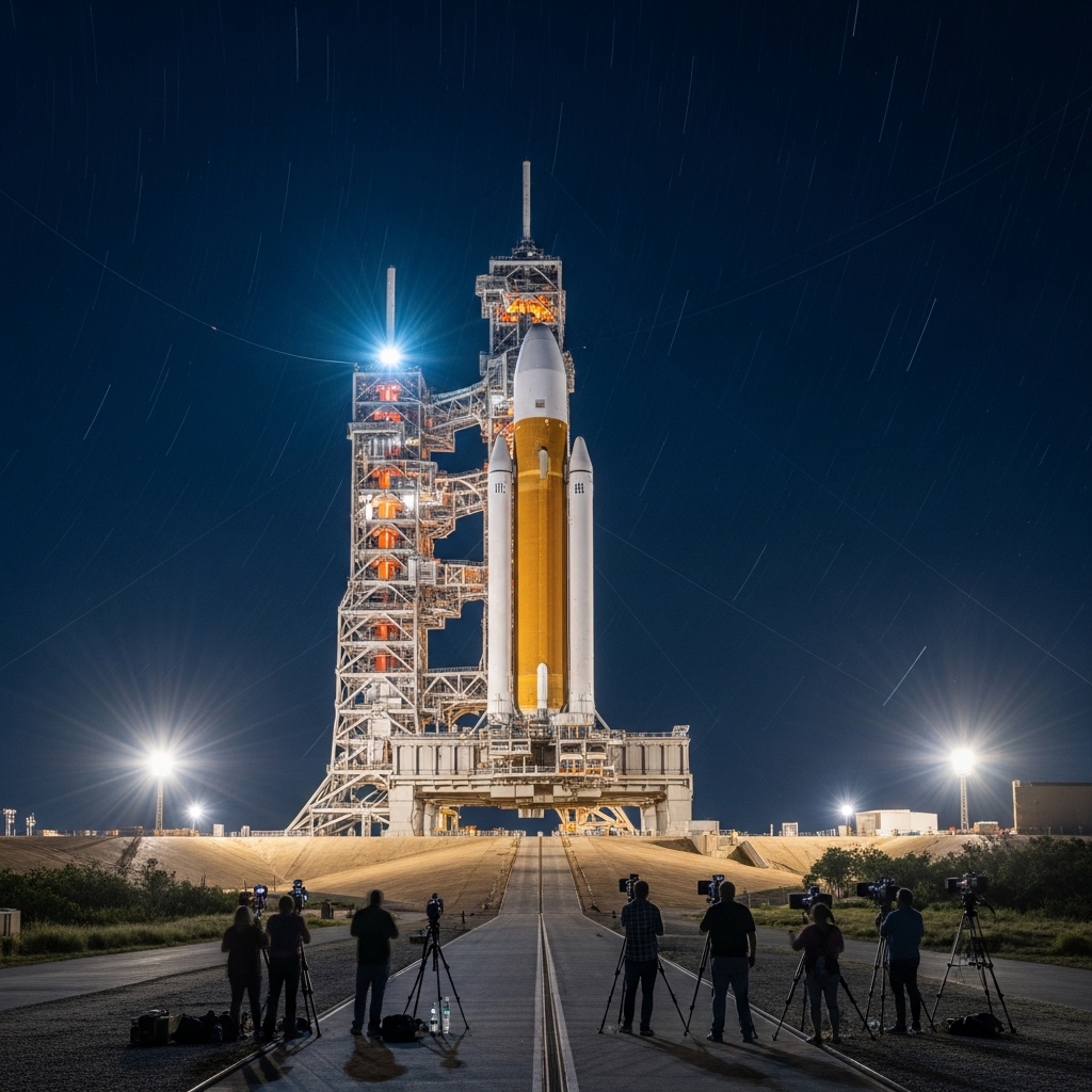 Space - Giants Await Liftoff Under A Sky Of Streaking Stars Awaiting ...
