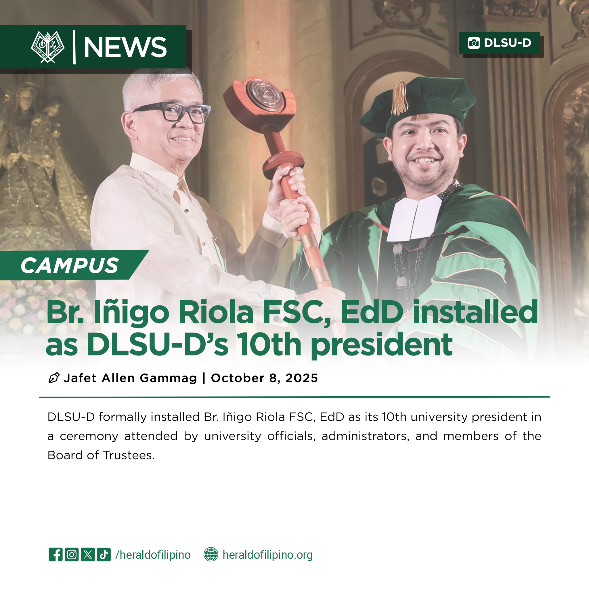 DLSU-D formally installed Br. Iñigo... - Heraldo Filipino | Facebook