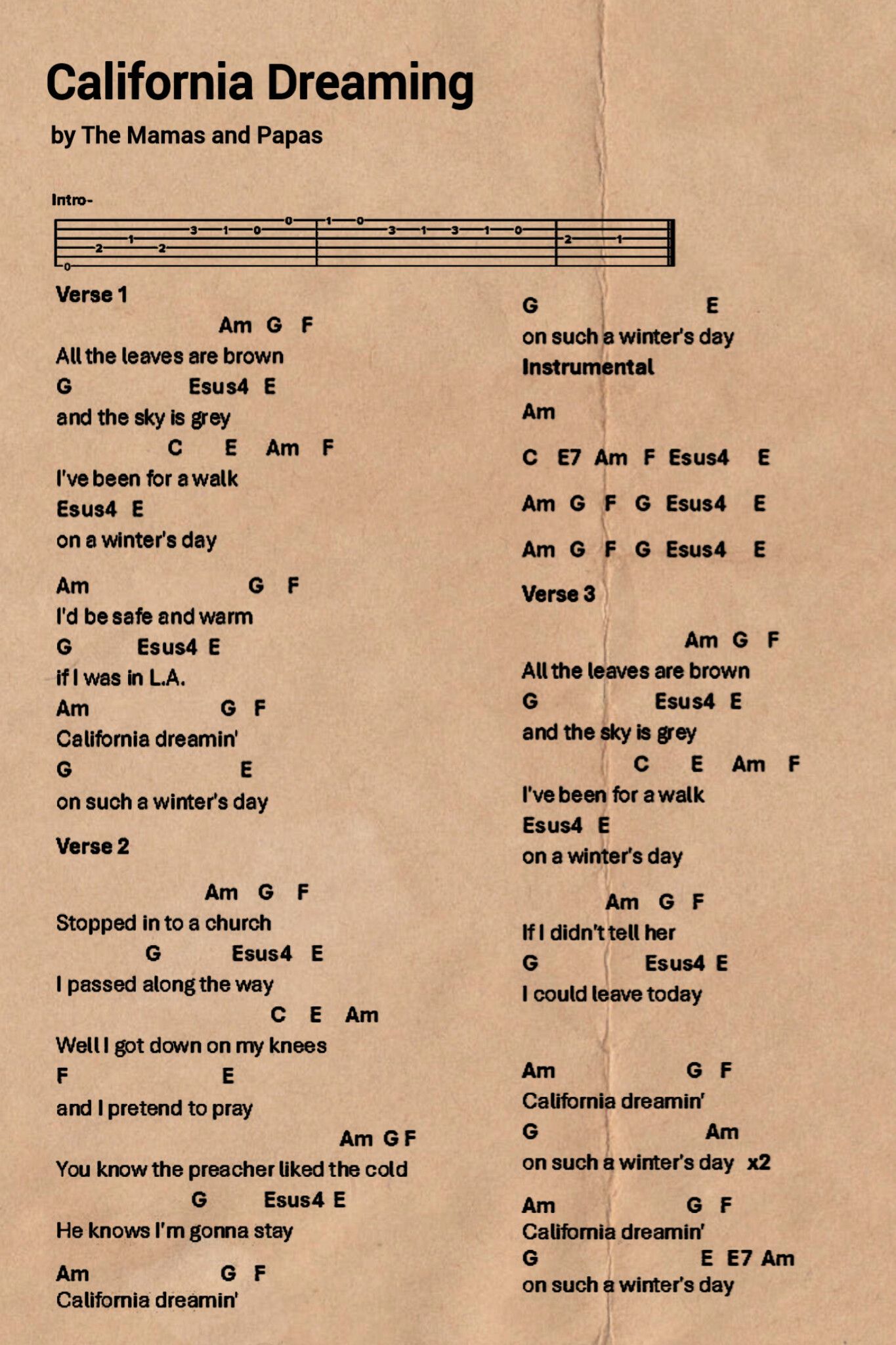 California Dreaming | The Mamas and Papas Chords and Lyrics