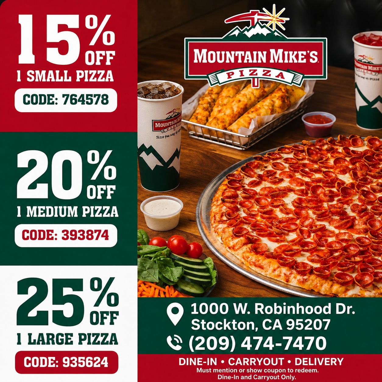 Mountain Mike's Pizza deals in Stockton, CA: 15% off small, 20