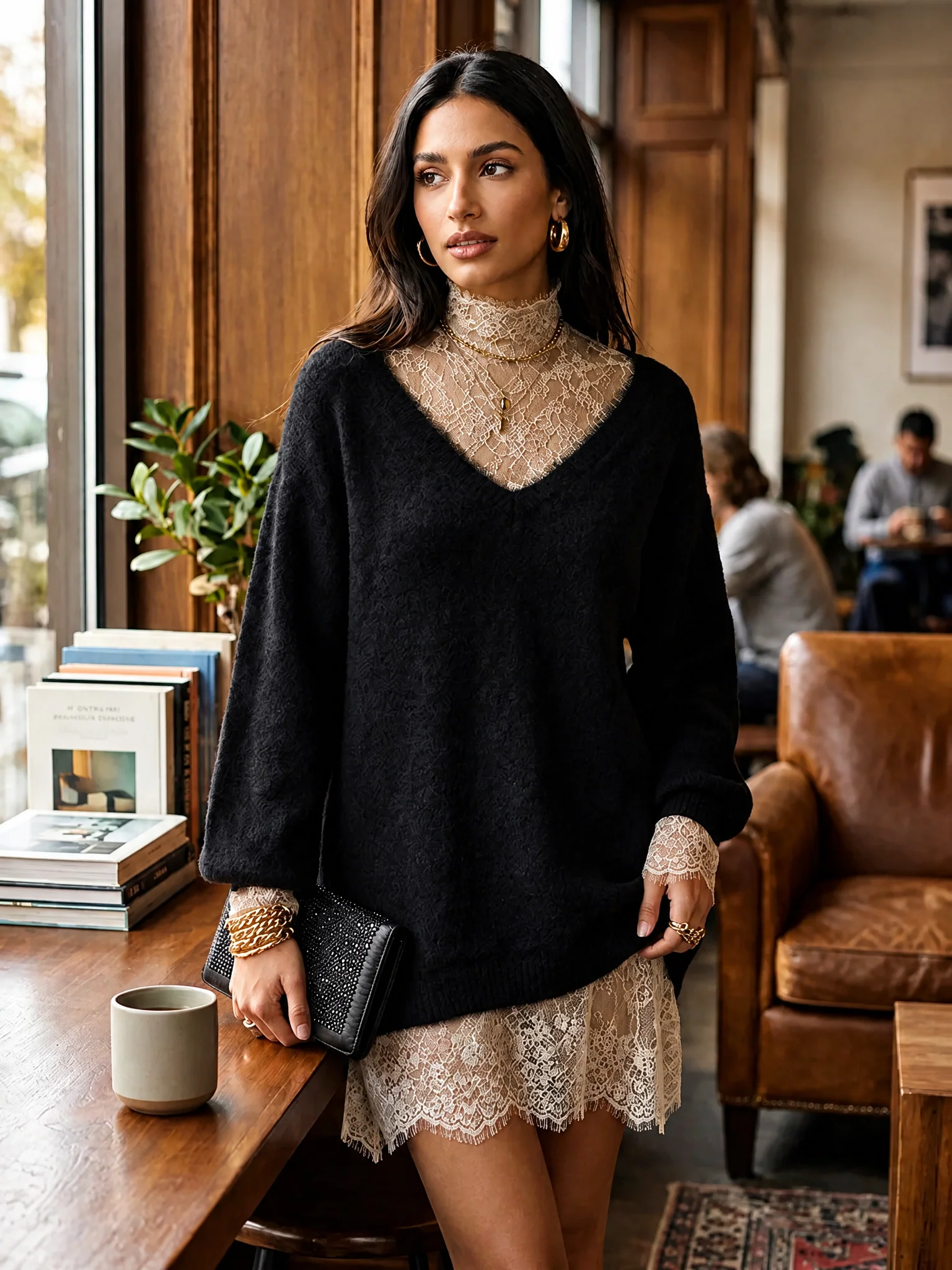 knit lace mock neck dress Modesees elegant mini with trim Silk Satin Swatch Color