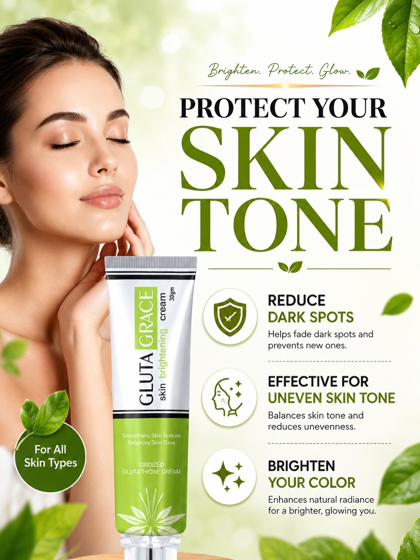 Let your skin shine with Gluta Grace Skin Brightening Cream & Face Wash! 💚 Say goodbye to dullness and hello to glowing, even-toned skin. 🌿 Perfect for all skin types — your
