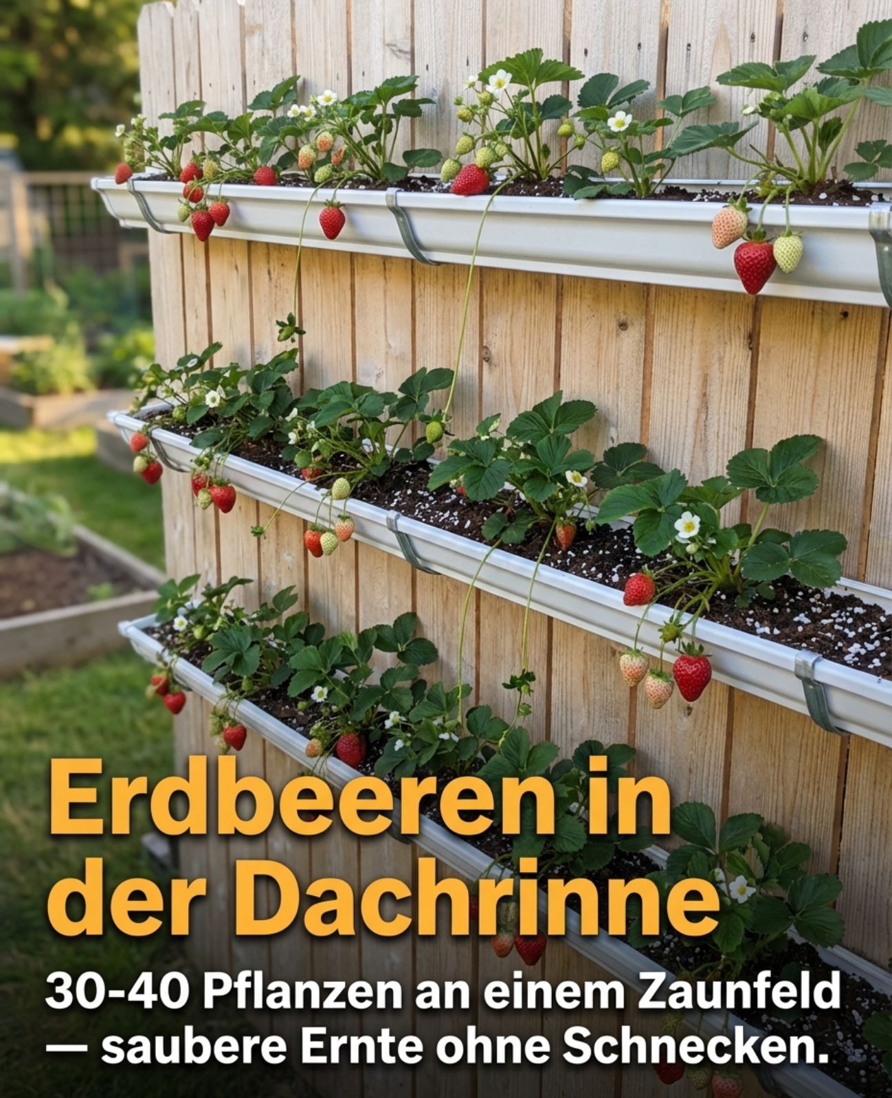 Dachrinnen machen Erdbeeren vertikal — geerntet wird auf Augenhöhe, die Früchte hängen sauber über den Rand, ohne Kontakt zu nassem Boden 🍓 An einem Zaunfeld lassen sich 30-40 Pflanzen in gestapelten