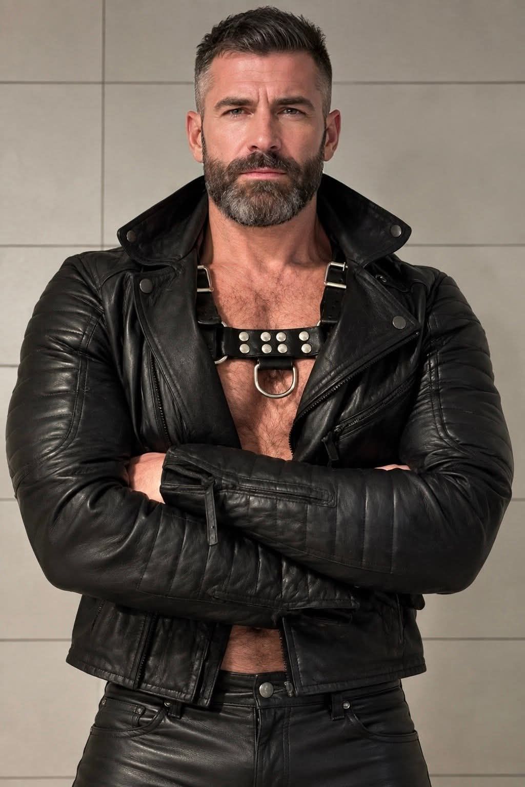 Man in black leather jacket and harness