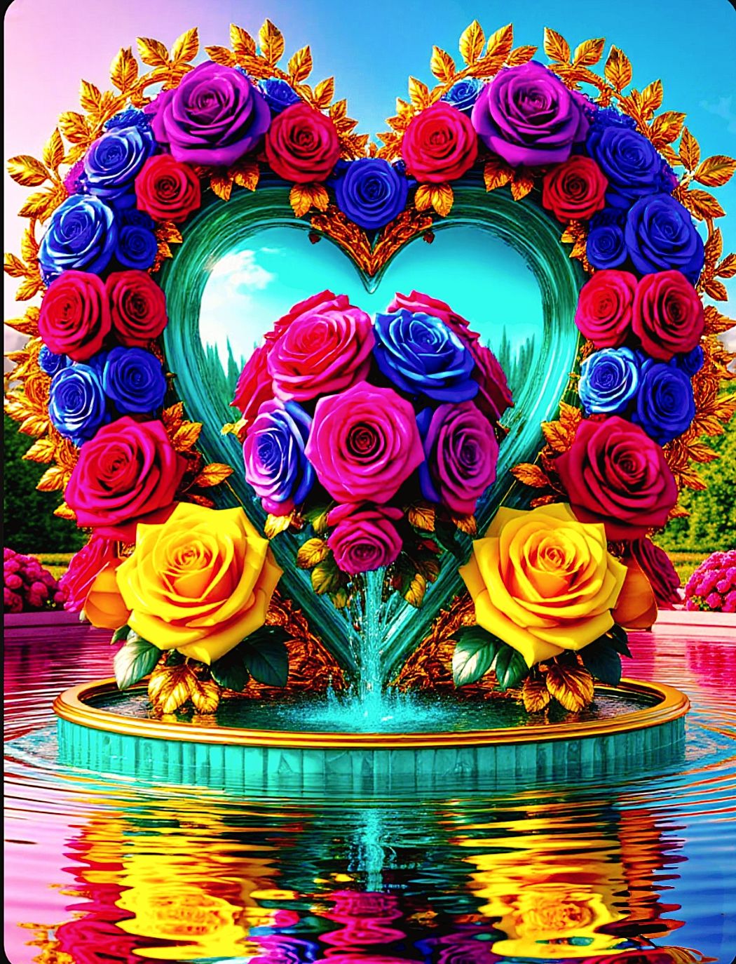 Unique teal green and lush roses artwork with magic touches