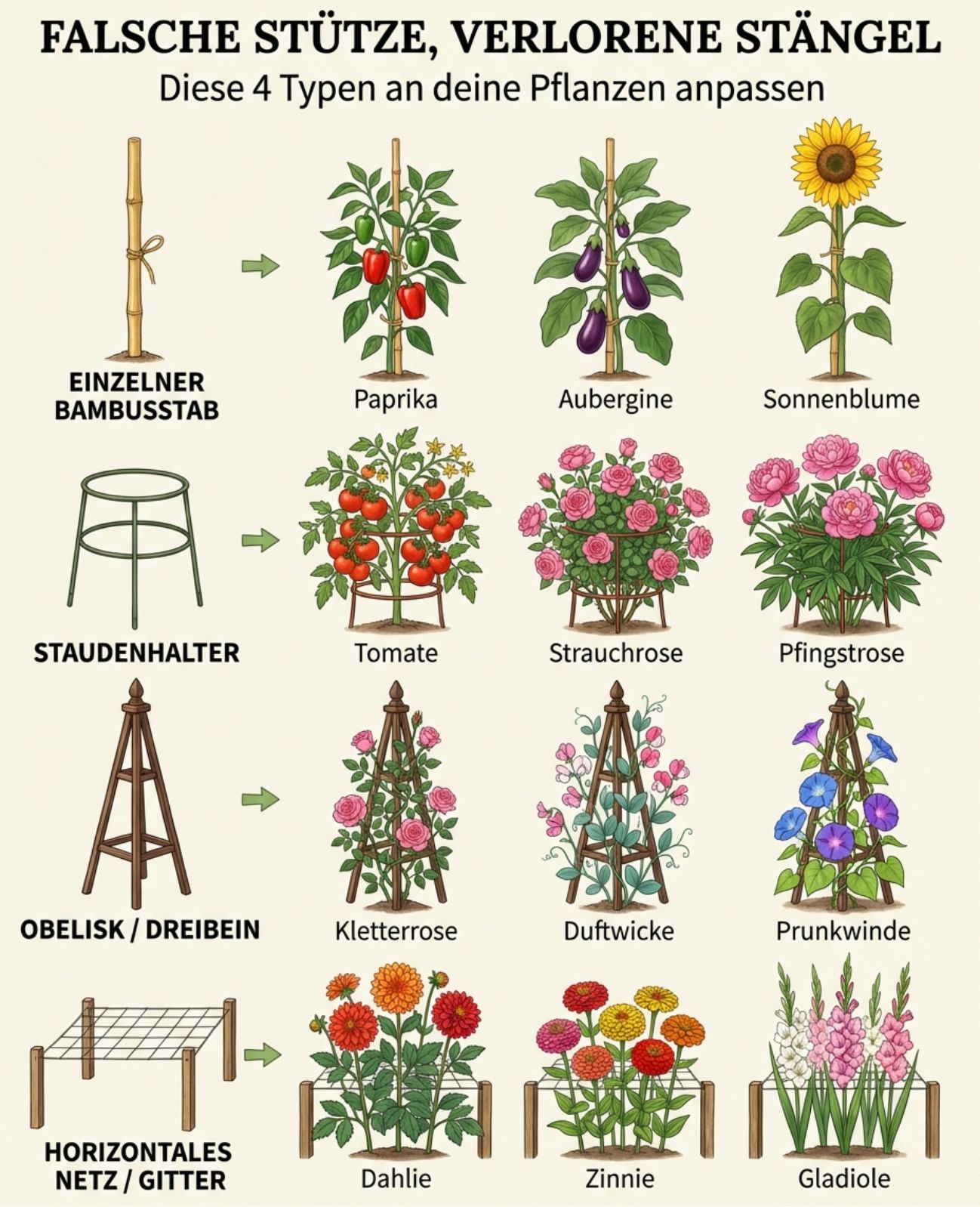 Du stülpst einen Staudenhalter über alles und wunderst dich, warum die Paprika hängt und die Kletterrose nicht vorankommt. Jede Pflanze wächst in eine andere Richtung mit anderem Gewicht. Die falsche