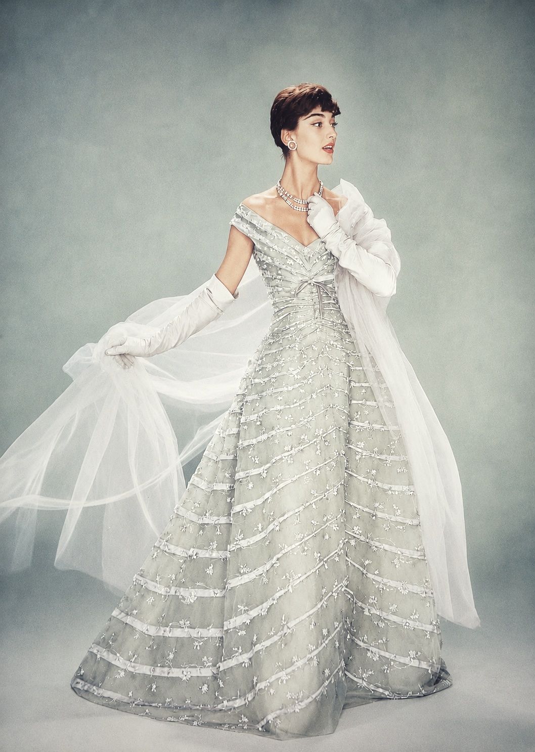 Christian Dior evening gown modelled by Marie-Helene Arnaud