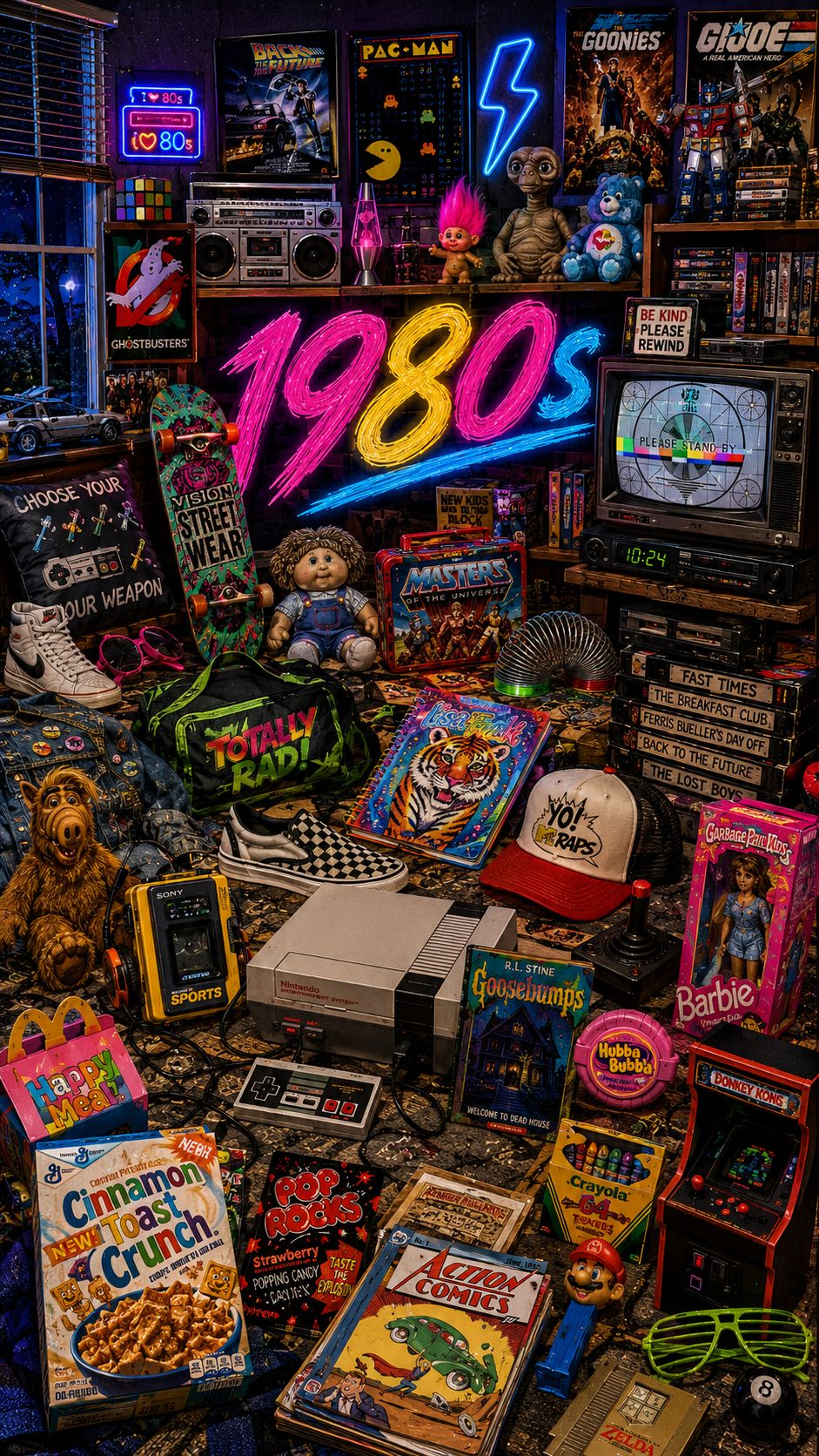 What are the 80 hidden items from the 1980s in the illustration?