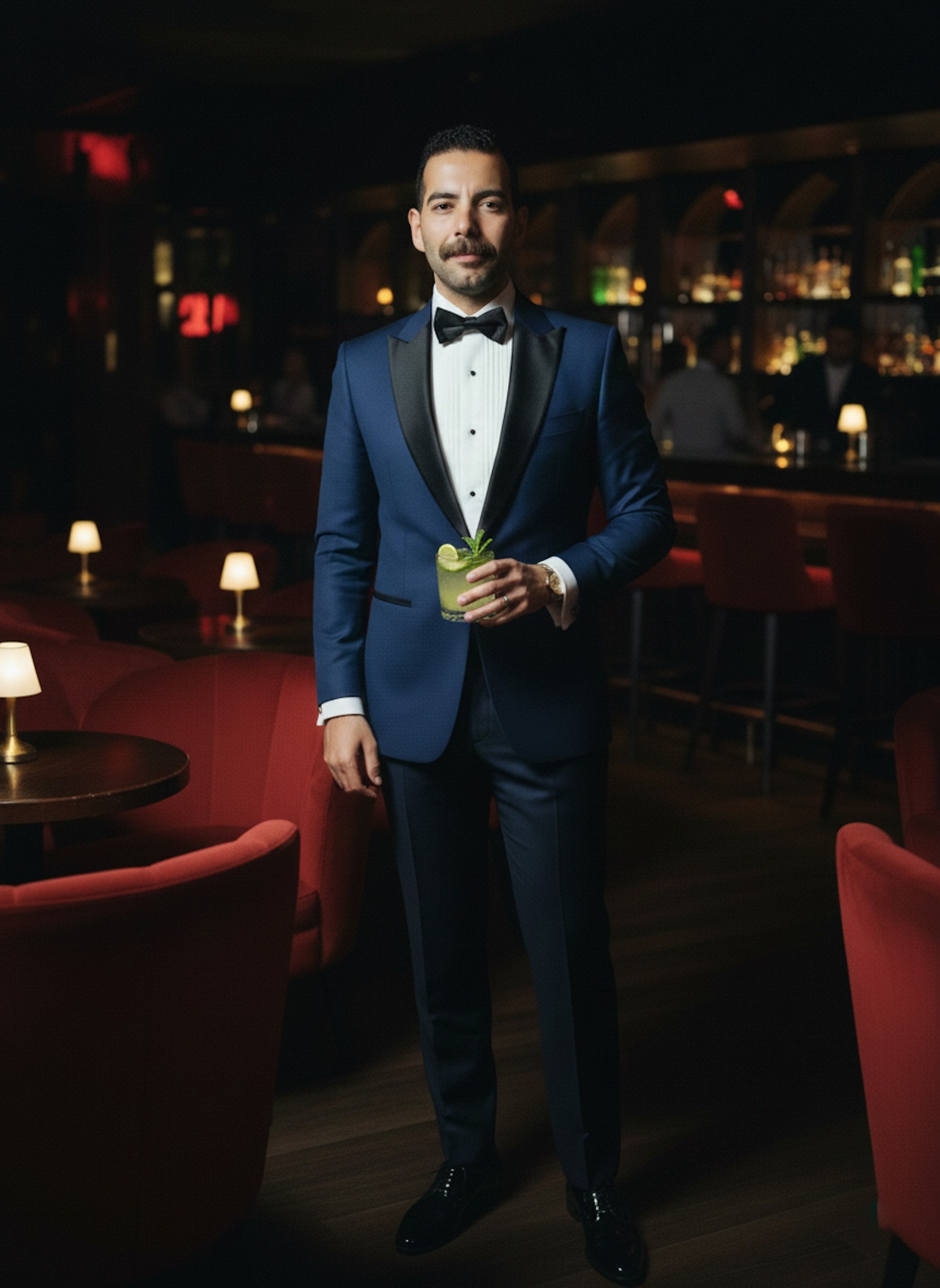 Abd - A man in his late 20s is indoors in a sophisticated, dimly lit ...