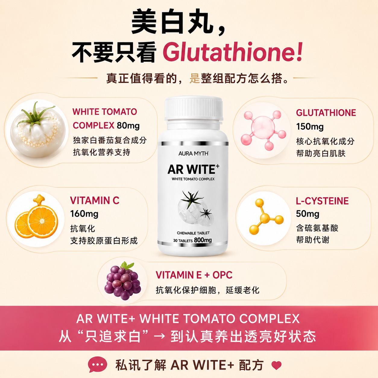 jual aura white pure glutathione 美白抗老淡斑- ✨ 美白丸，不要只看Glutathione！ 真正值得看的，是整组配方能不能互相配合👇 AR WITE+ TOMATO COMPLEX 精选多重抗氧化营养： 🍅 White Tomato Complex 80mg 帮助对抗氧化压力，维持肌肤透亮状态 does bpc 157 help Flavor:Watermelon barrier protection