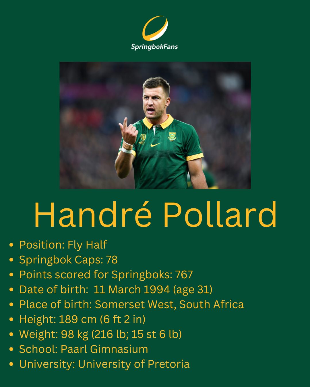 Braaivleis, - Handré Pollard Position: Fly Half Springbok Caps: 78 ...