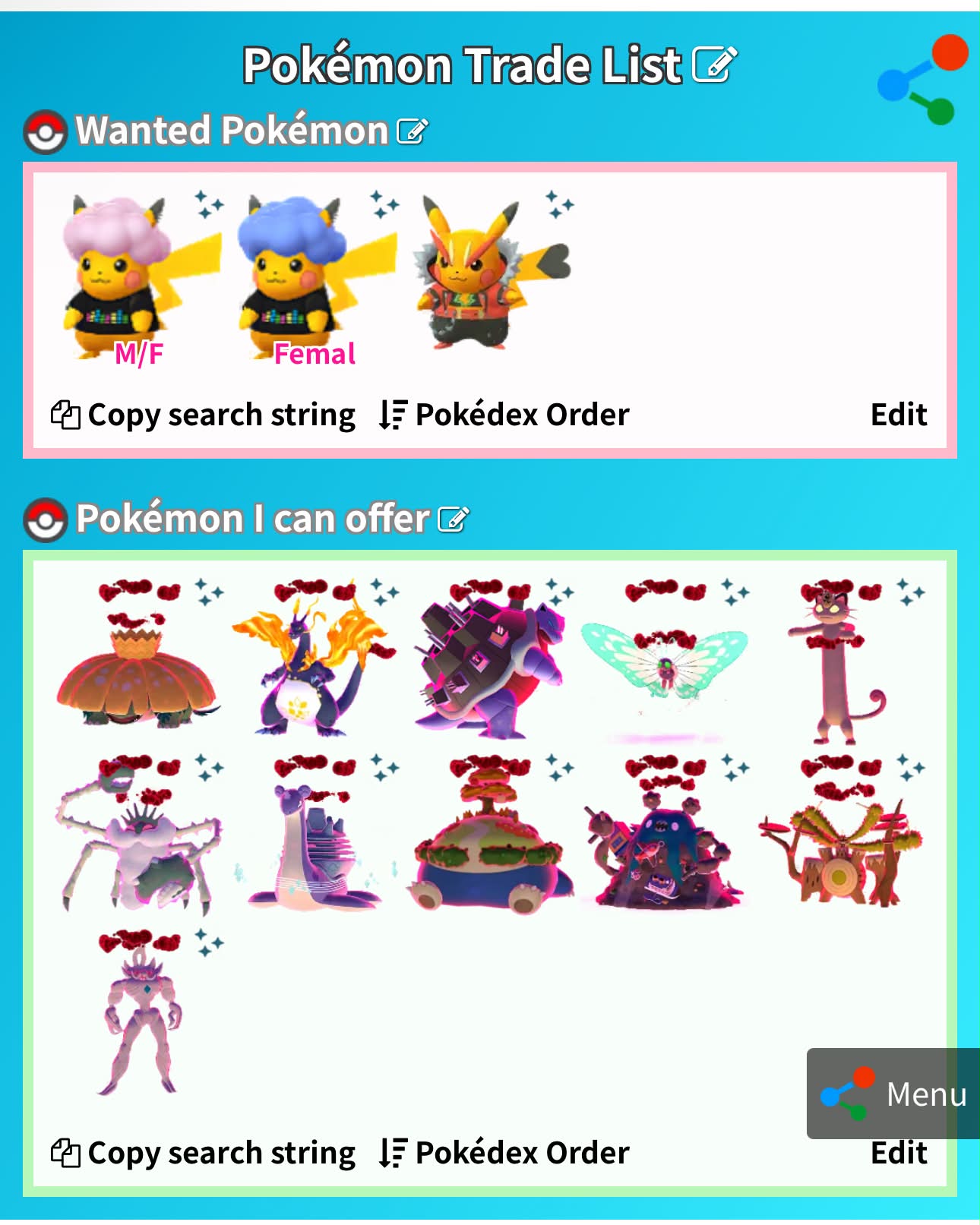 Shiny Afro Pikachu trades with GMax offers available