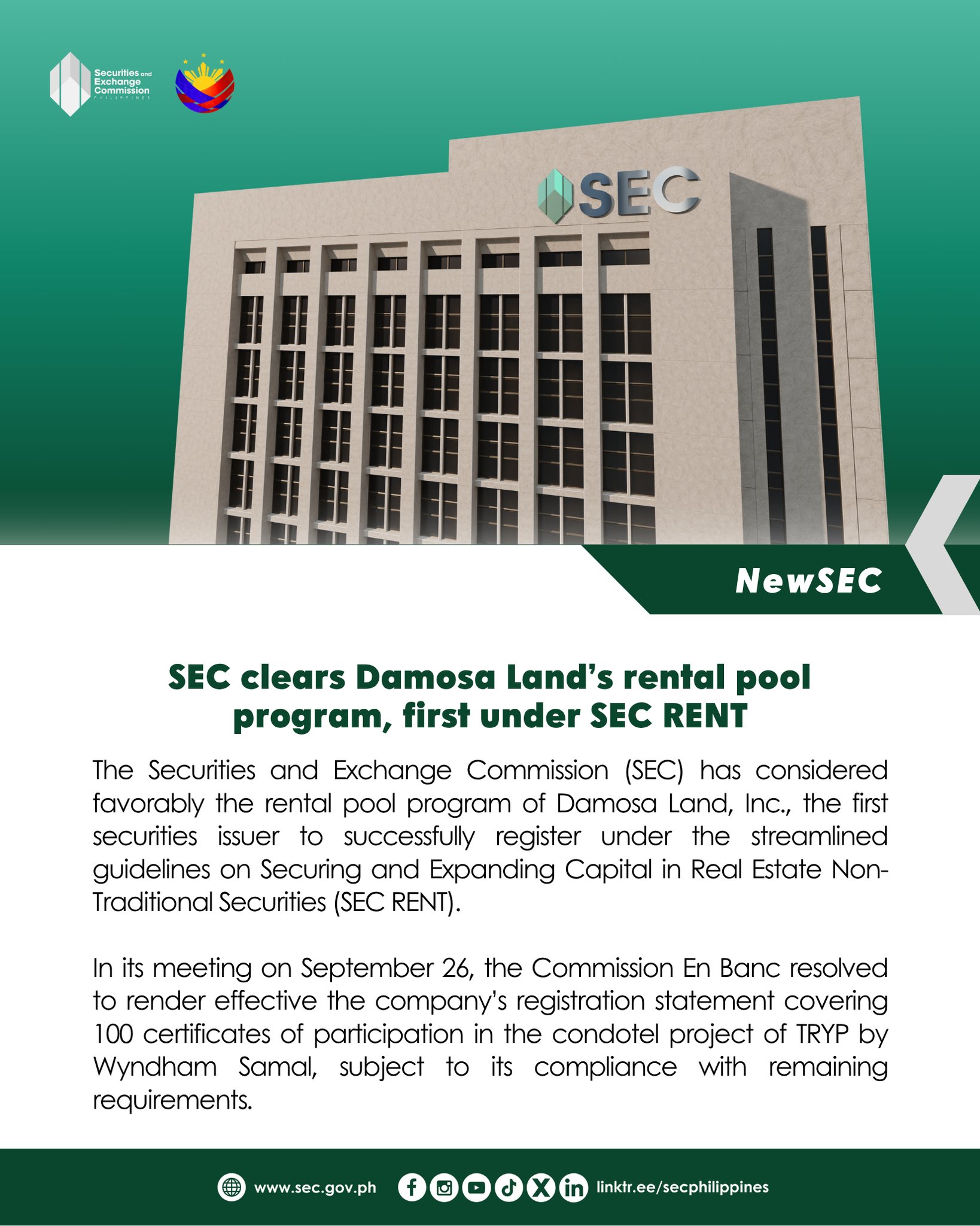 Securities - 📰 𝗥𝗘𝗔𝗗: 𝗦𝗘𝗖 𝗰𝗹𝗲𝗮𝗿𝘀 𝗗𝗮𝗺𝗼𝘀𝗮 𝗟𝗮𝗻𝗱’𝘀 𝗿𝗲𝗻𝘁𝗮𝗹 𝗽𝗼𝗼𝗹 𝗽𝗿𝗼𝗴𝗿𝗮𝗺 ...