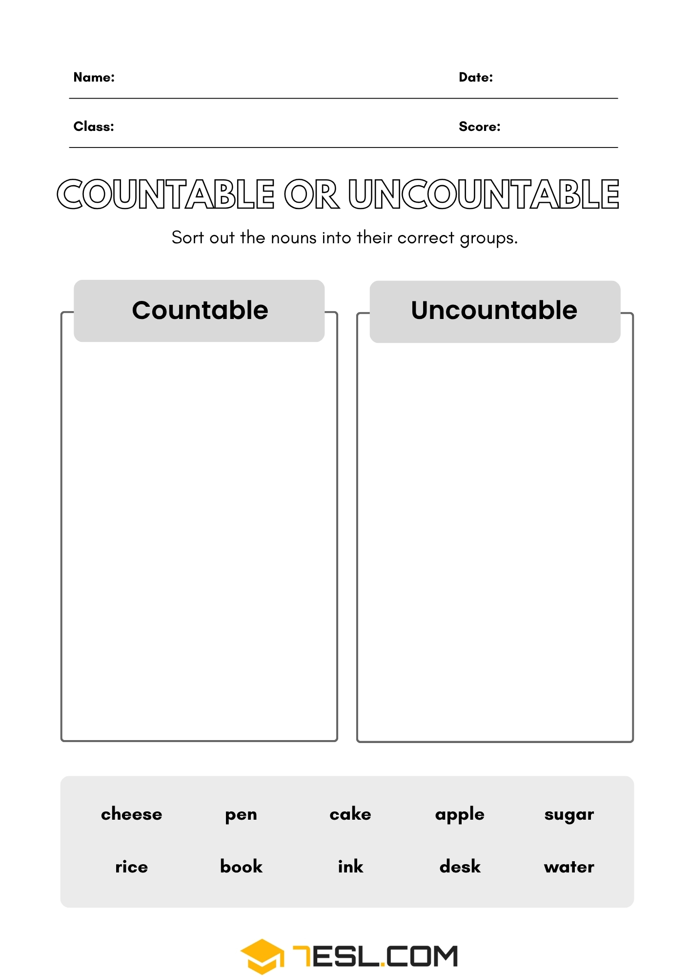 Countable and Uncountable Worksheets!... - 7ESL Fun English | Facebook